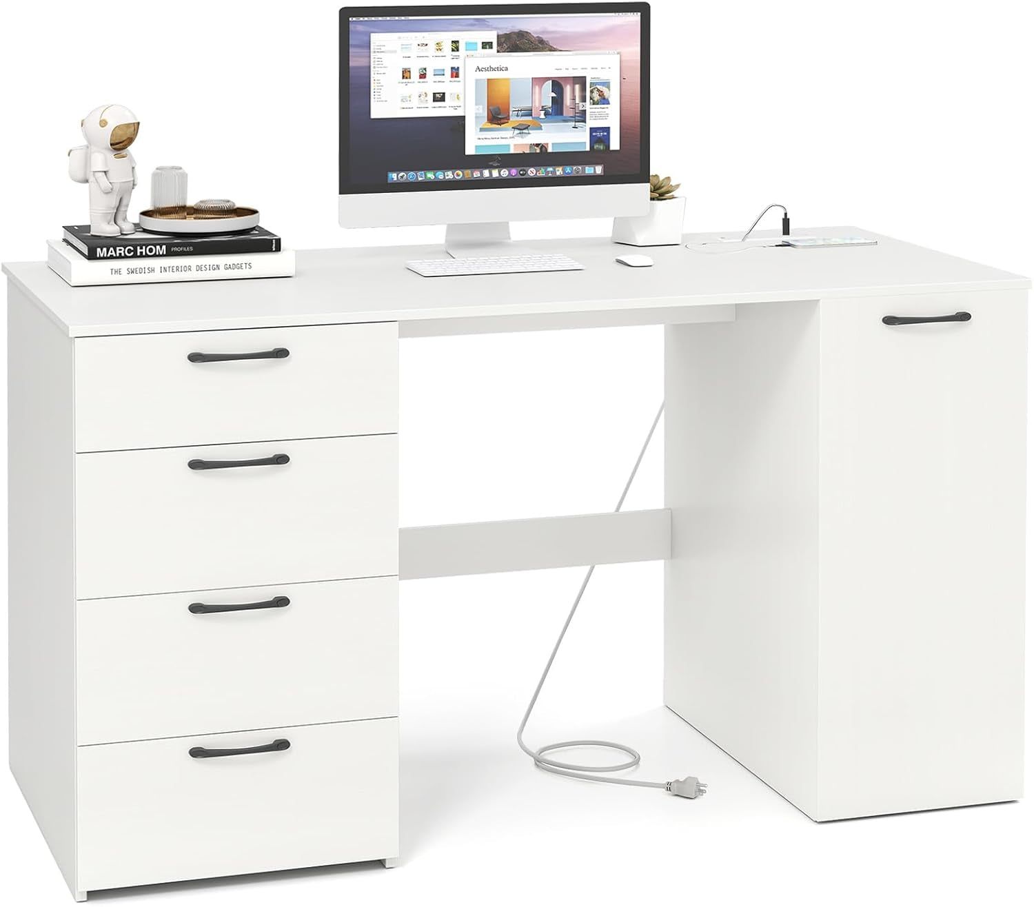 Modern 53 Inch White Computer Desk with Charging Station