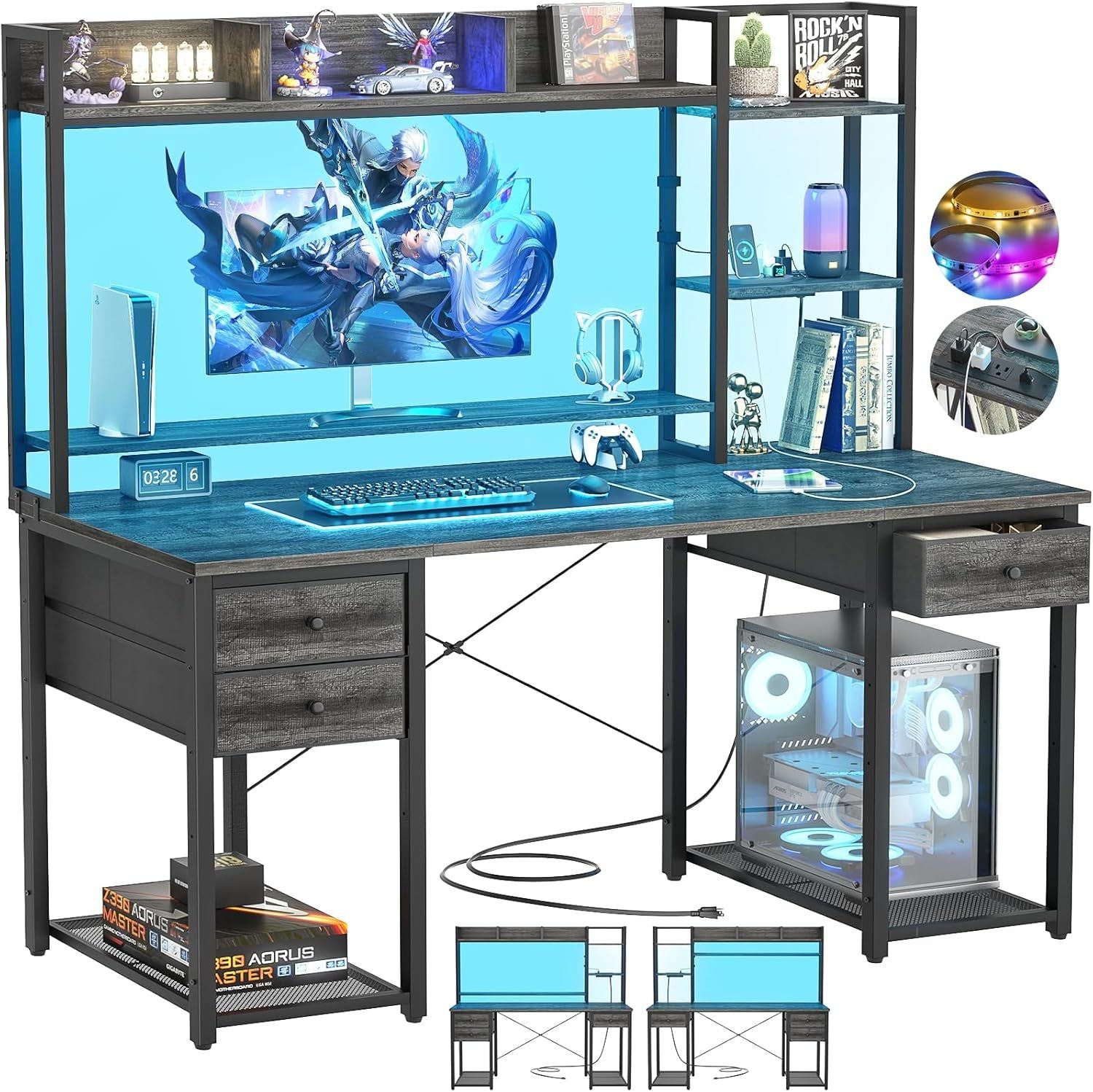 Desk with LED and Outlets, Gaming Desk with Hutch, 47.2&#39;&#39; Computer Desk with Drawers, Reversible Office Desk with Storage Bookshelf Large Workstation Desk with Shelf, Desk for Home, Black Oak