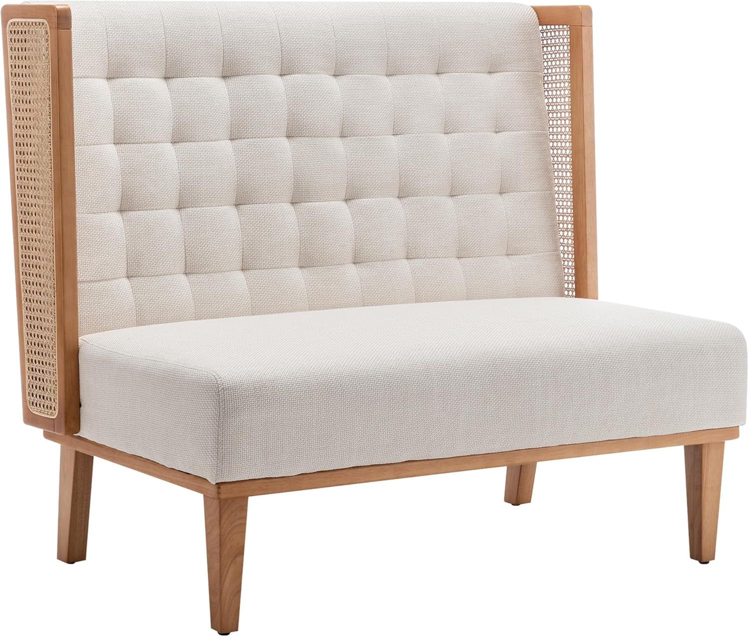 Elegant Beige Loveseat Settee with Rattan Armrests