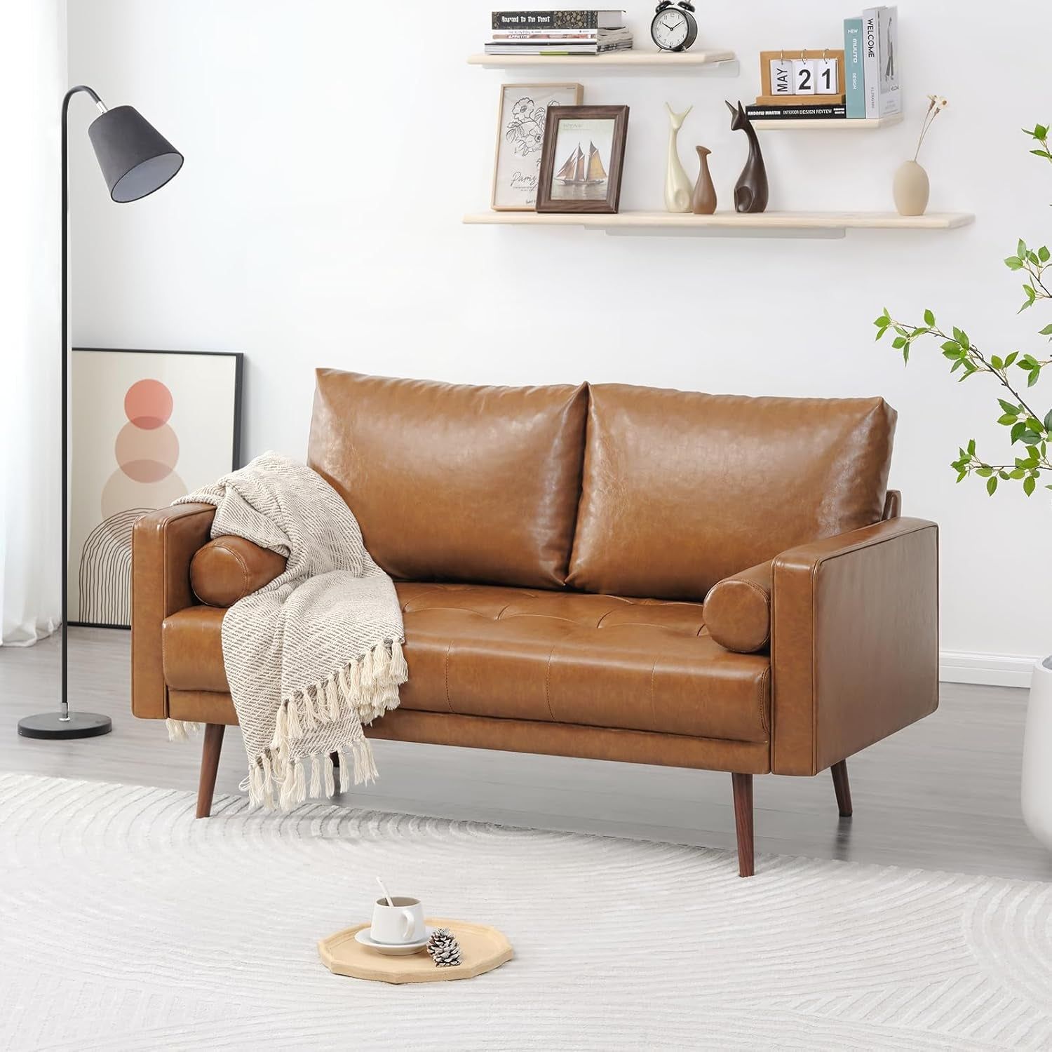 Mid-Century Faux Leather Loveseat Sofa with Cushions