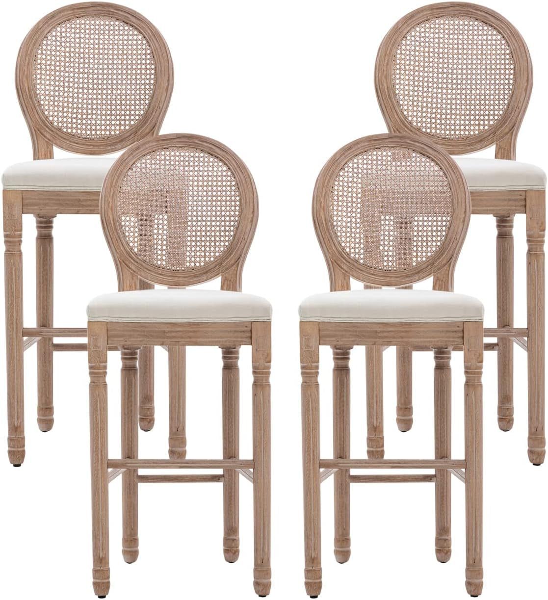Farmhouse Bar Stools Set of 4, French Country Barstools with Solid Wood Frame and Upholstered, Rattan Back Kitchen Bar Stool for Dining Room, Kitchen
