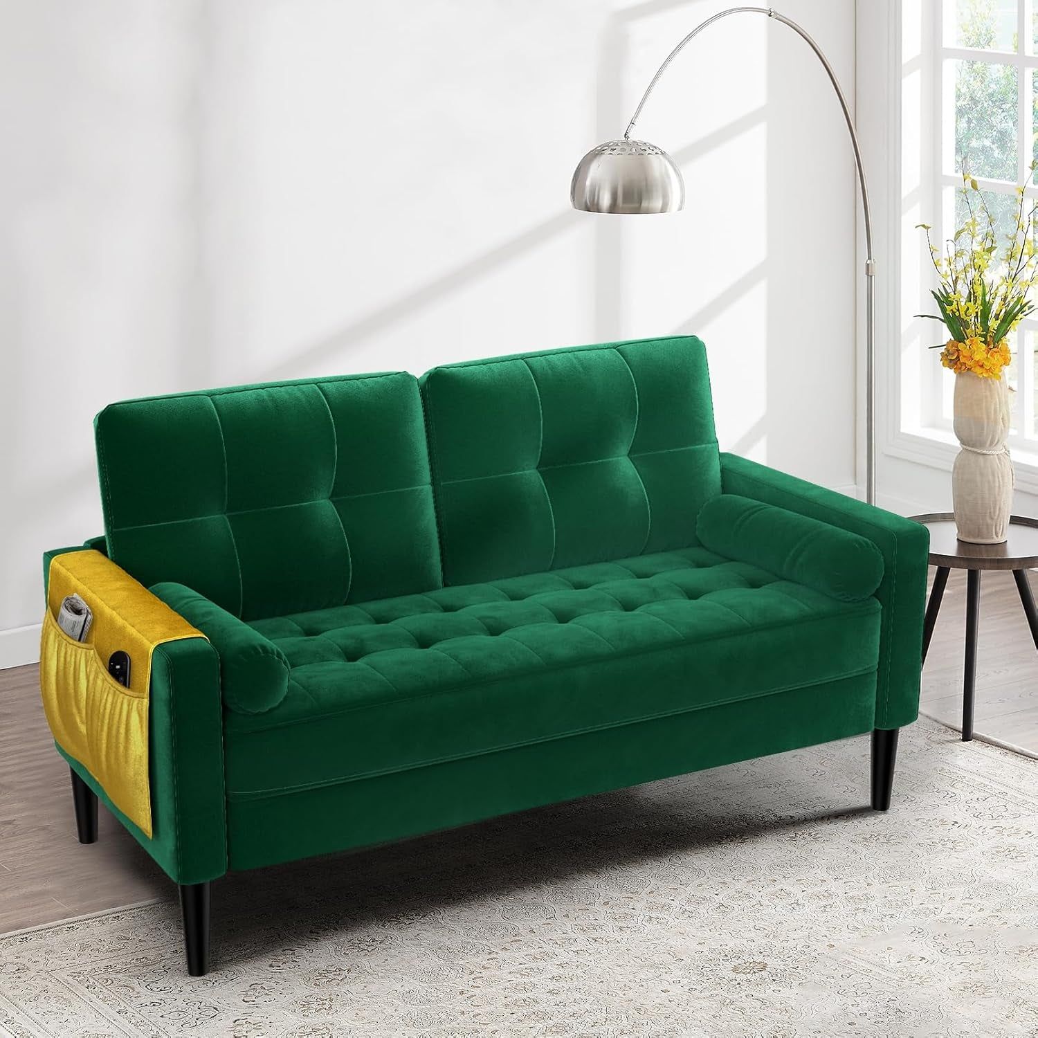 Green Velvet Loveseat Sofa for Small Spaces with Pillows