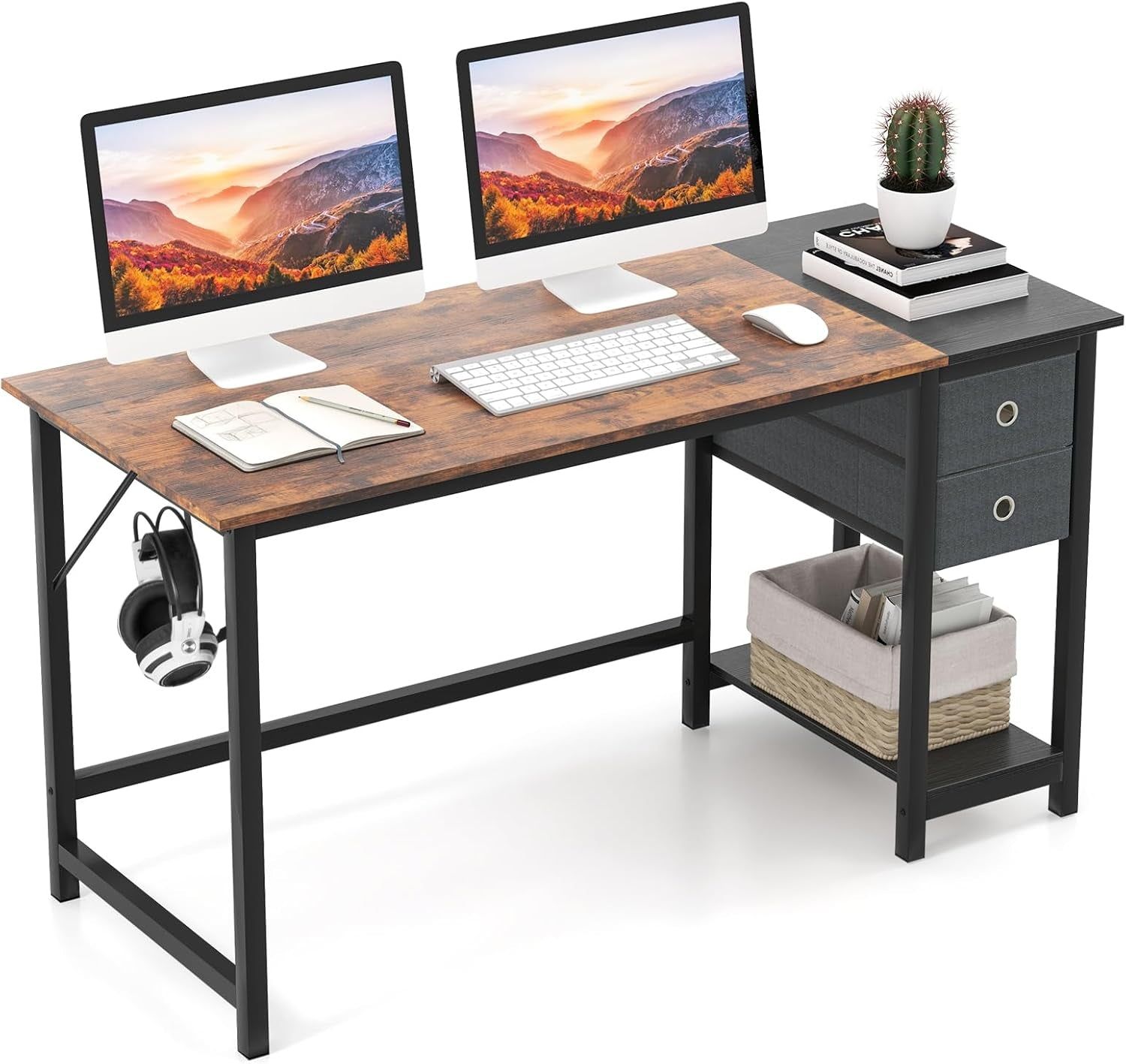 Spacious Computer Desk with Drawers and Headphone Hook