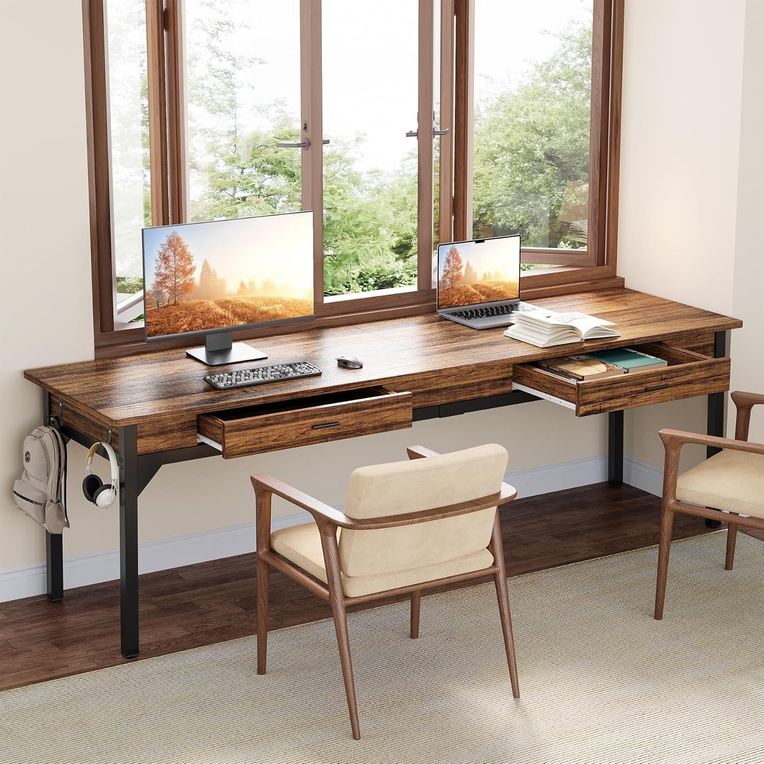 78.7-Inch Extra Long Two Person Desk with 2 Drawers, Wooden Double Computer Desk, Large Executive Office Workstation Study Writing Table for Home Office, Rustic Brown