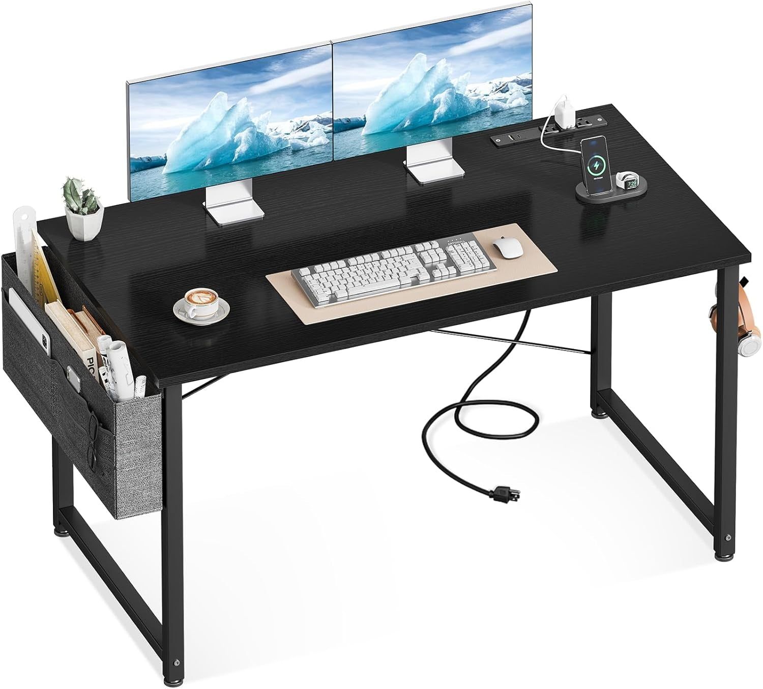 Computer Desk - 48 Inch Office Writing Desk for Home, Student Study Desk with Storage Bag, Headphone Hook &amp; Power Outlets, Modern Simple Table for Bedroom, Black