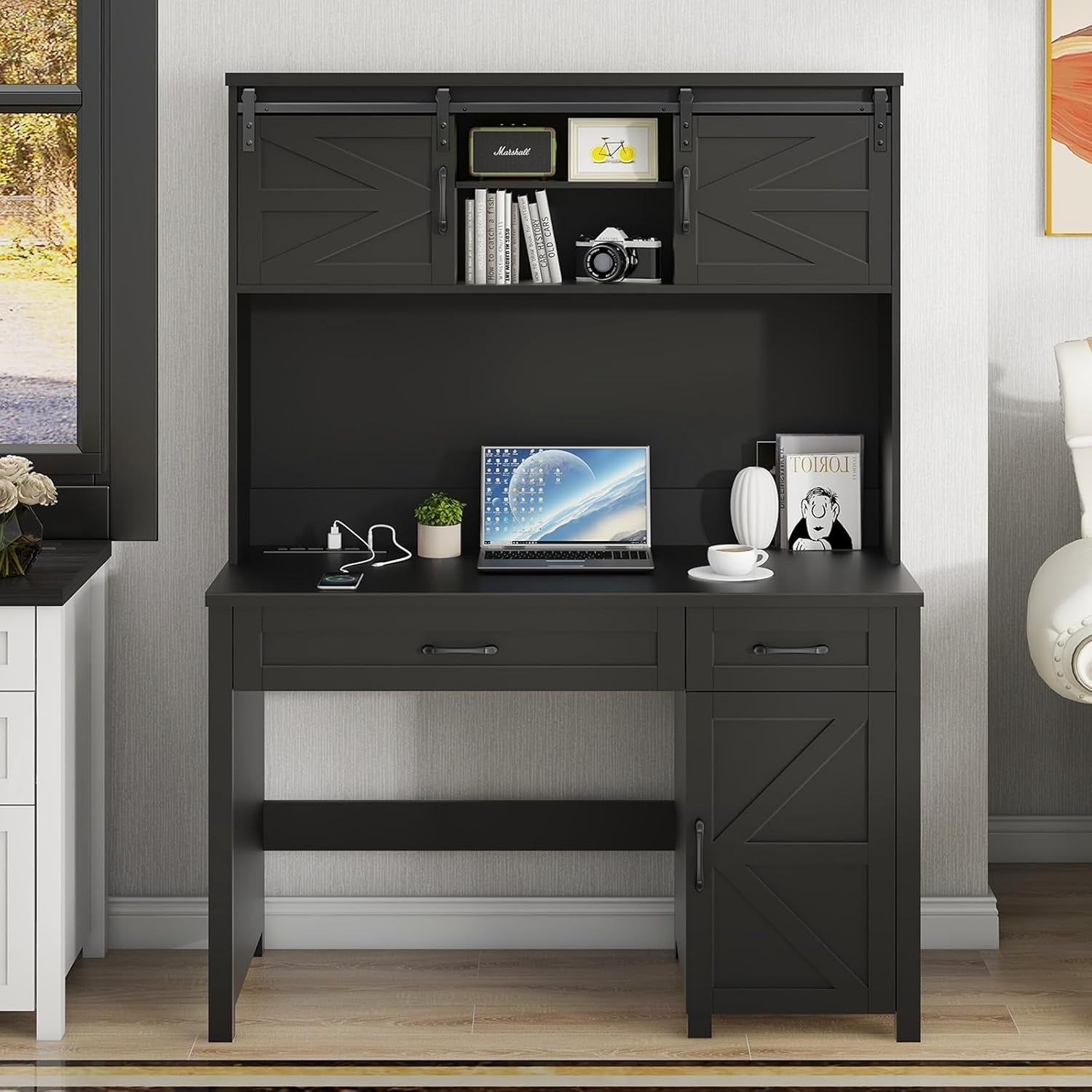 Farmhouse 47&quot; Executive Desk, Computer Desks with 2 Drawers and Storage Cabinet, Home Office Desk with Hutch and Charging Station, Workspace for Work and Study. (Pure Black)