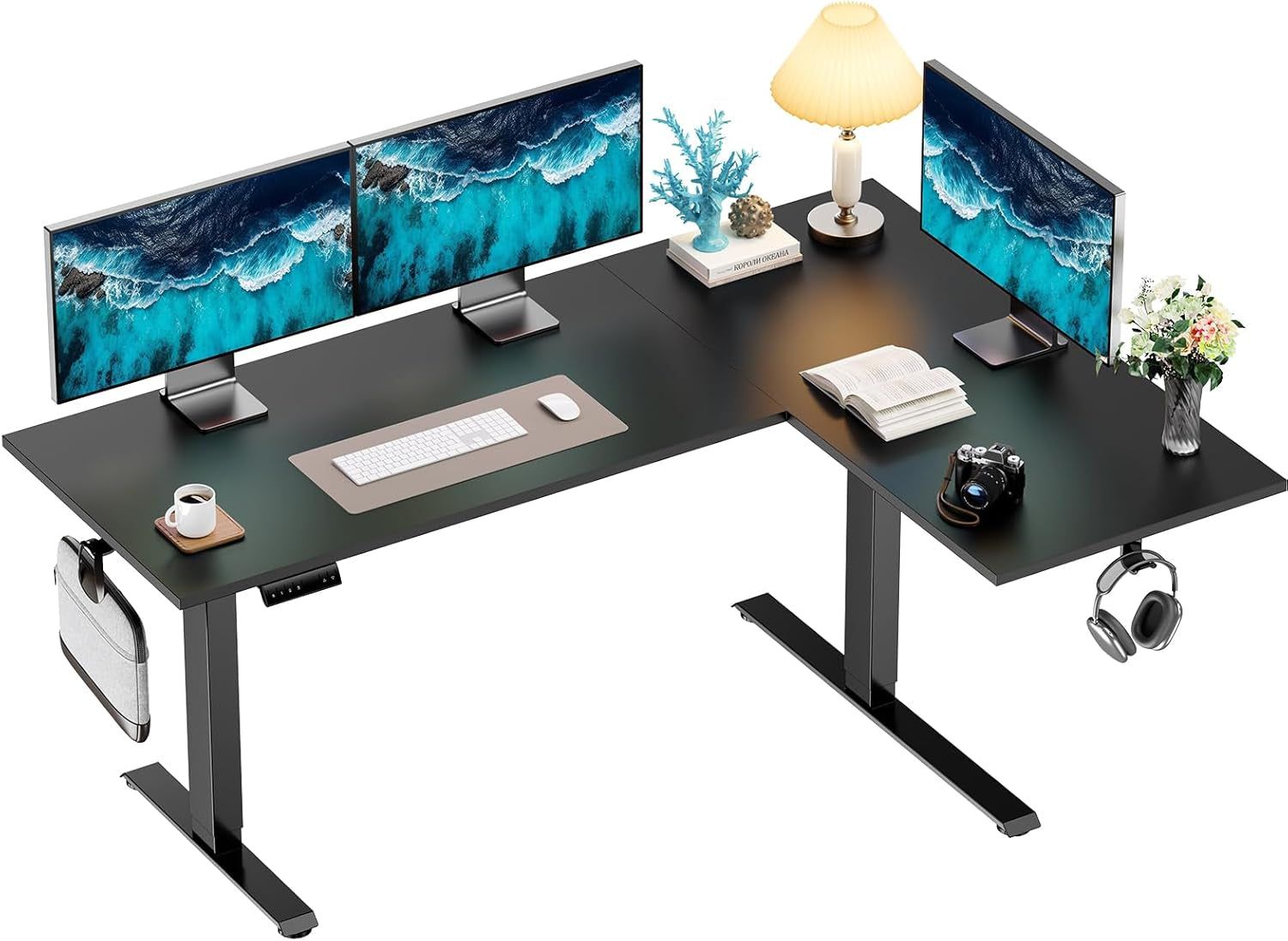 71 X 48 Inch Dual Motor L Shaped Electric Standing Desk with 3 Preset Heights, Electric Height Adjustable Computer Table, 2 Hooks &amp; Cable Tray, Raising Desk for Home Office, Black