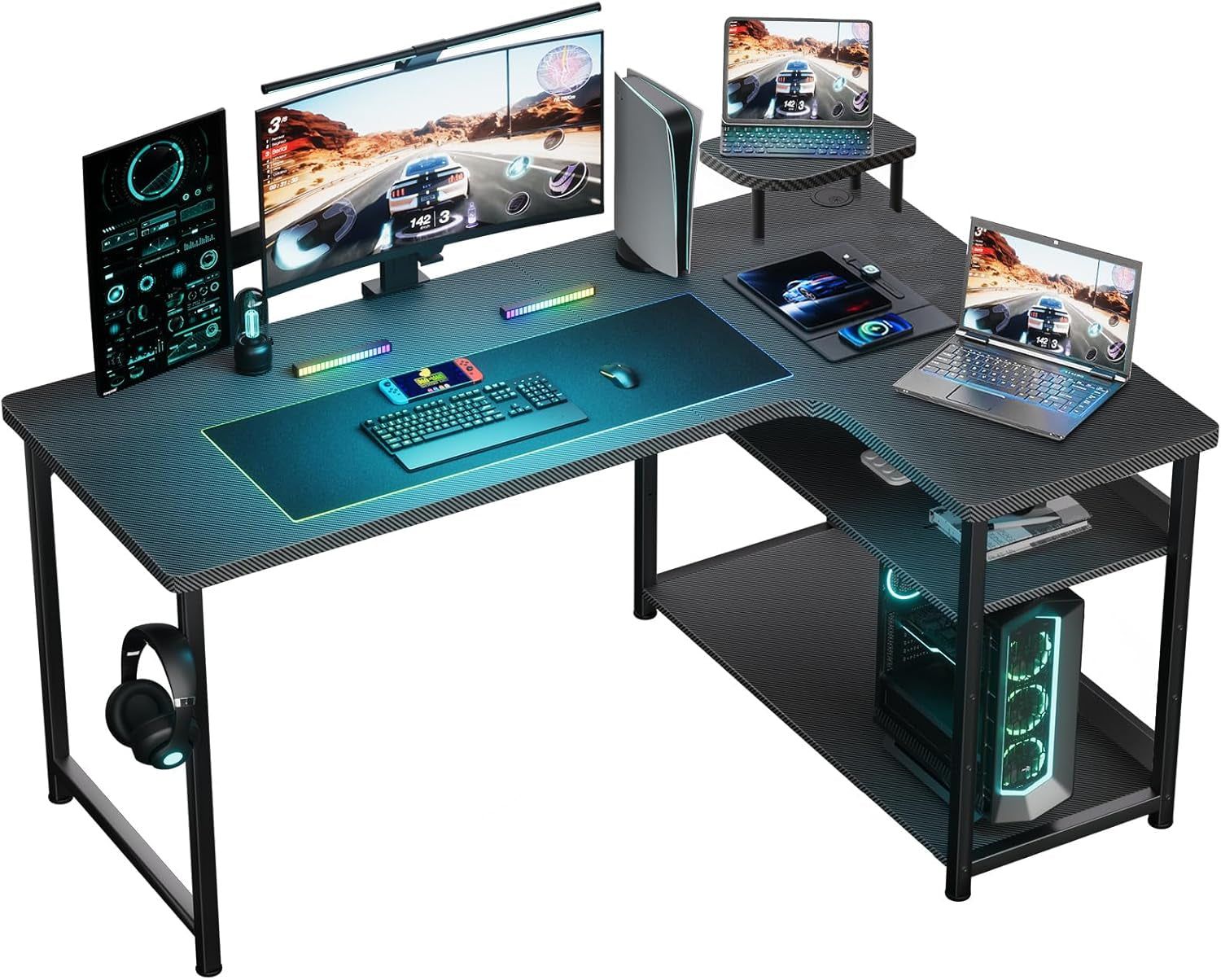 L Shaped Gaming Desk, Carbon Fiber Style Computer Desk Compatible with Monitor Arm Storage Shelves Corner Desk Gaming Table for Home Office Desks Easy to Assemble Adjustable Shelf Height
