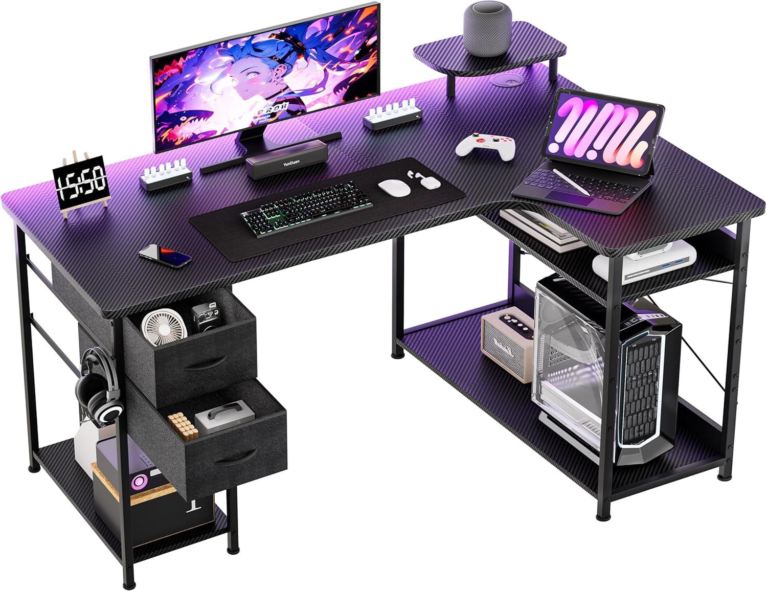 L Shaped Carbon Fiber Gaming Desk with Adjustable Shelf