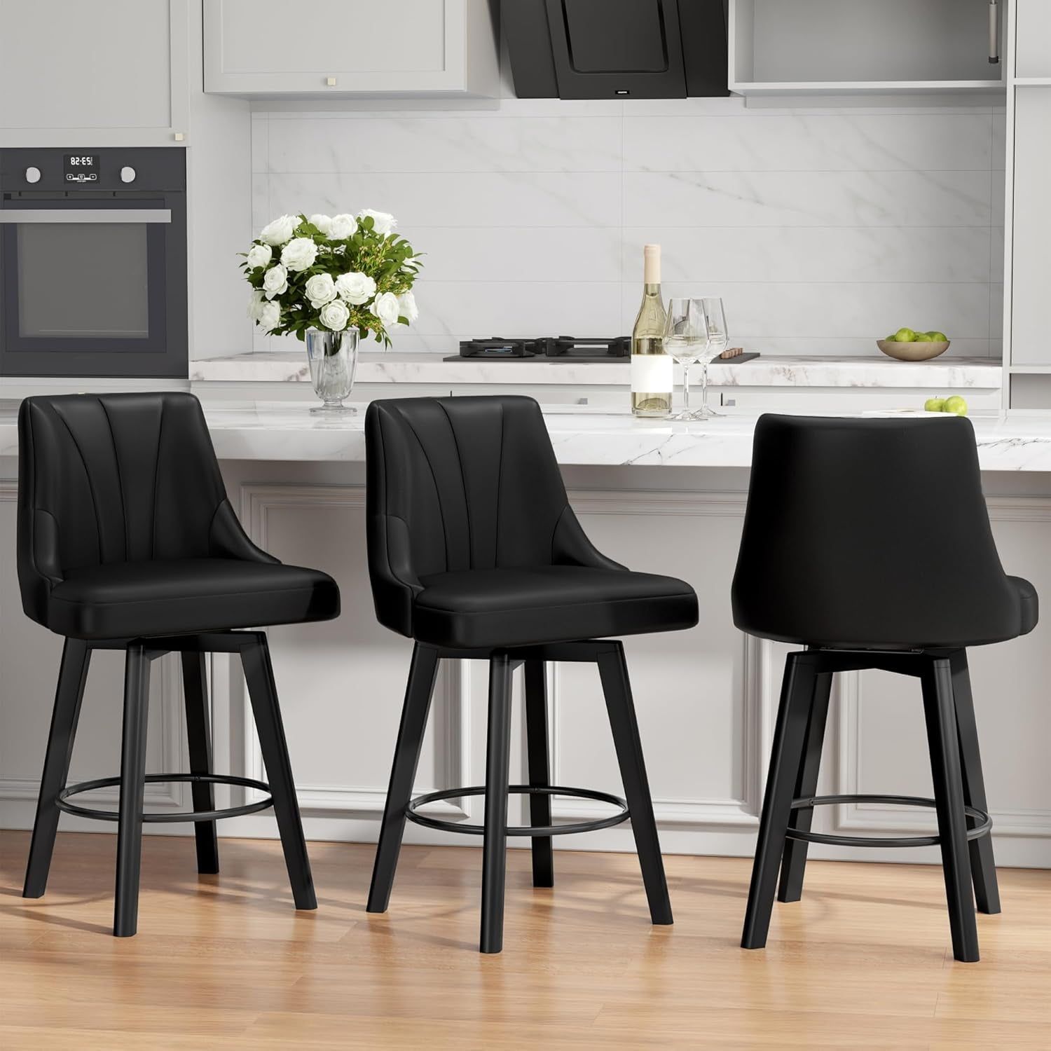 Counter Height Swivel Bar Stool, 24&quot; Upholstered PU Leather Barstools Set of 3, Counter Stool Chair with Back &amp; Solid Wood Legs for Kitchen Island Dining Room (Black)