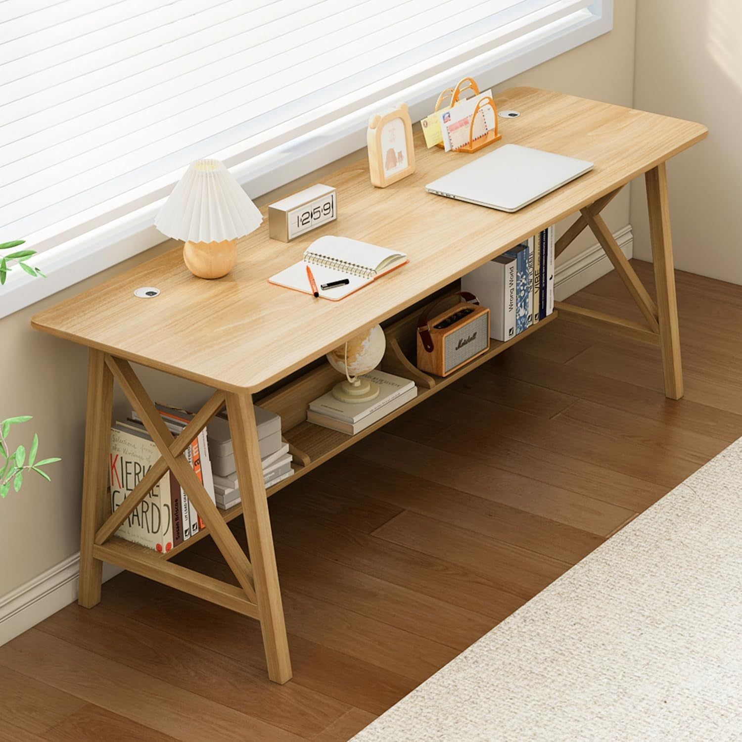Extra Long Solid Wood Desk with Bookshelf Storage