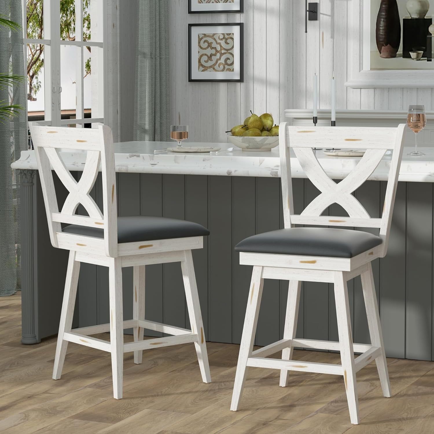 24&quot; Swivel Counter Height Stools, High Back Swivel Bar Stools with Grey Faux Leather Upholstered Seat &amp; Solid Wood Footrest, Counter Bar Chairs for Kitchen Island &amp; Pub (Antique White, Set of 2)