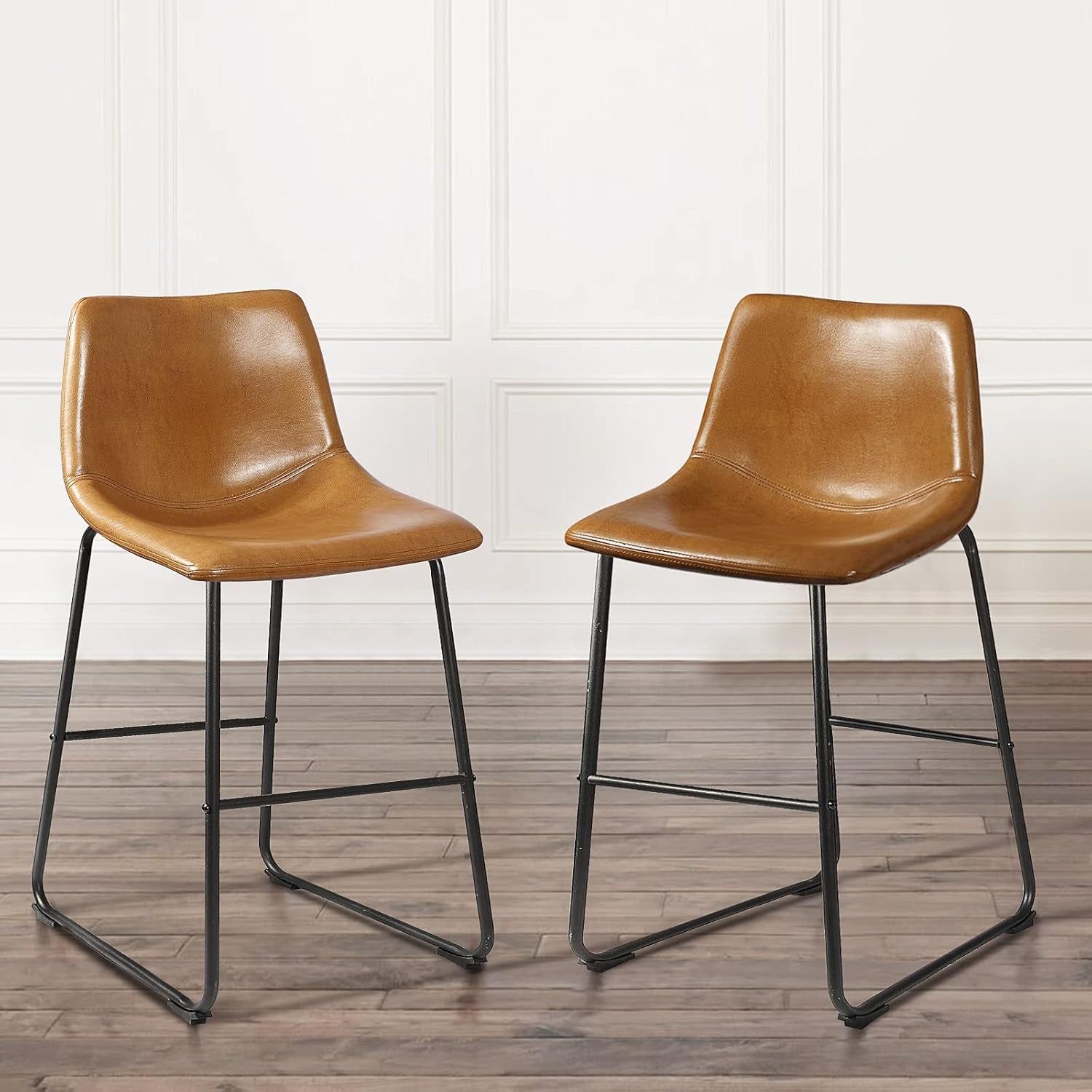 26 Inch Bar Stools Set of 2,Counter Height Bar Stools with Back, Modern PU Leather Stools with Metal Leg and Footrest (Whisky, 2 Pcs 26&quot; Counter Height Barstools)