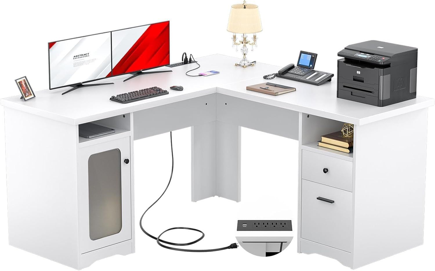 L Shaped Computer Desk with Power Outlets and USB Ports
