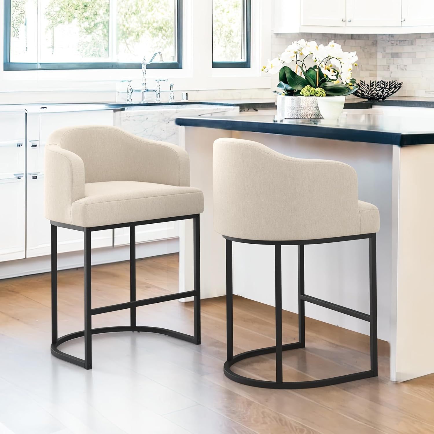 27&quot; H Counter Height Bar Stools Set of 2, Modern Counter Stools with Curved Backrest and Arms, Black Metal Frames, Linen Fabric Upholstered Barstools for Kitchen Island, Home Bar, Line Color