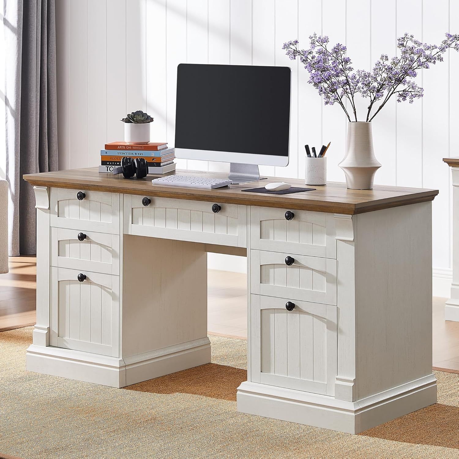 60&quot; Executive Desk with Drawers, Farmhouse Home Office Desk with Charging Station, Keyboard Tray, File Cabinet Storage, Wood Computer Desk for Work and Study, Antique White