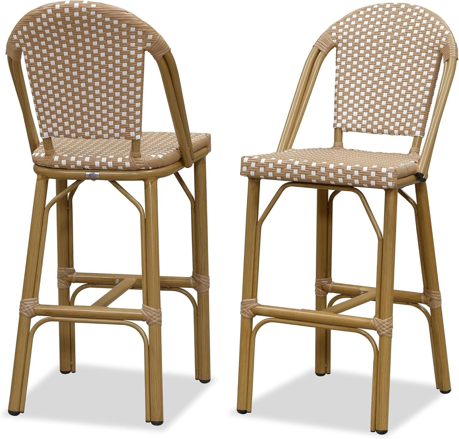 French Bar Stools Set of 2 Bamboo Print Finish Outdoor Bar Stools with Back Rattan 27&#39;&#39; Patio Bar Stool for Pool Garden Kitchen Outdoor Barstool, Orange Yellow