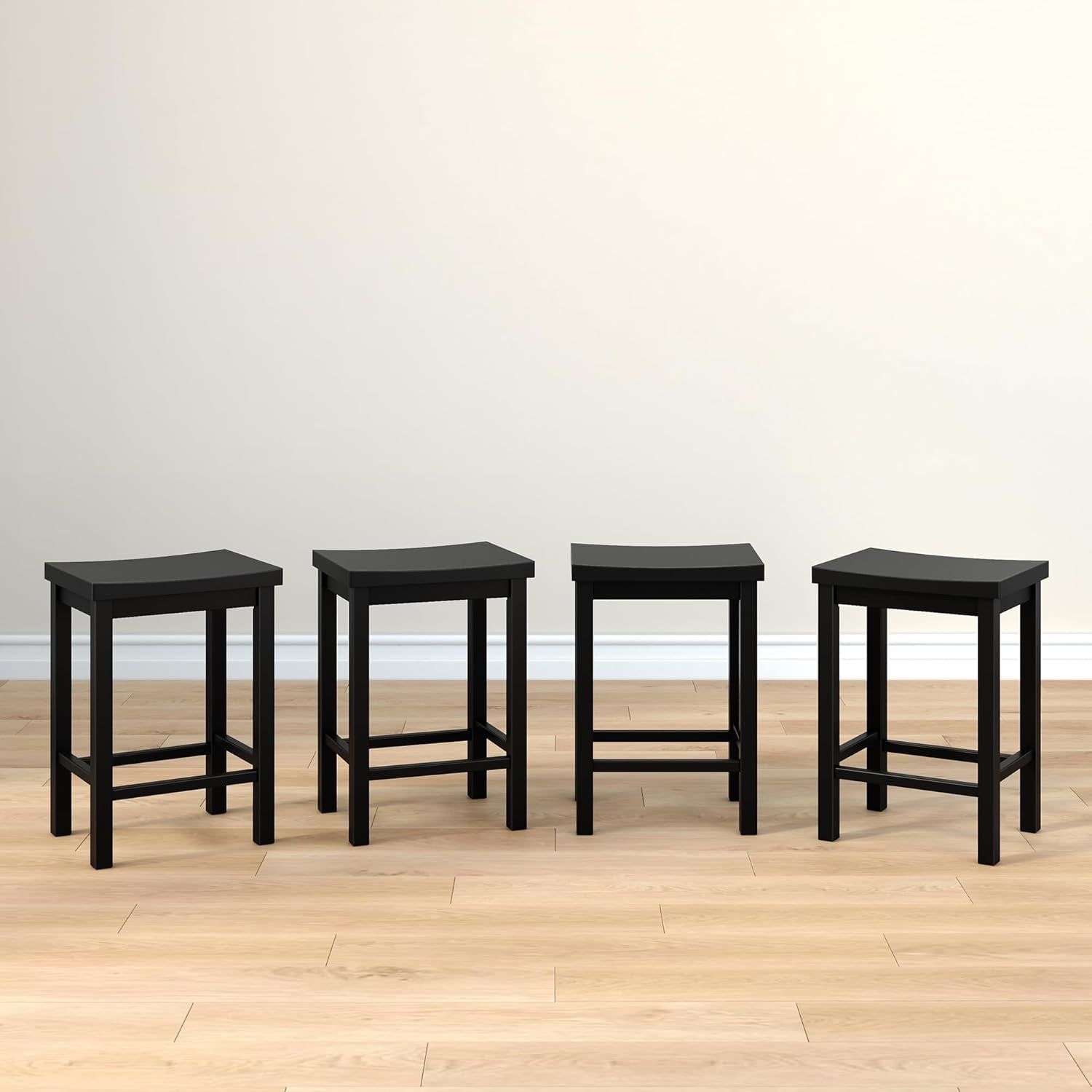 Smith Collection Set of 4 Solid Wood Counter Height Bar Stools, 24-Inch Saddle Seat Backless Stools, Ideal for Kitchen Island, Dining, or Home Bar Seating, Black