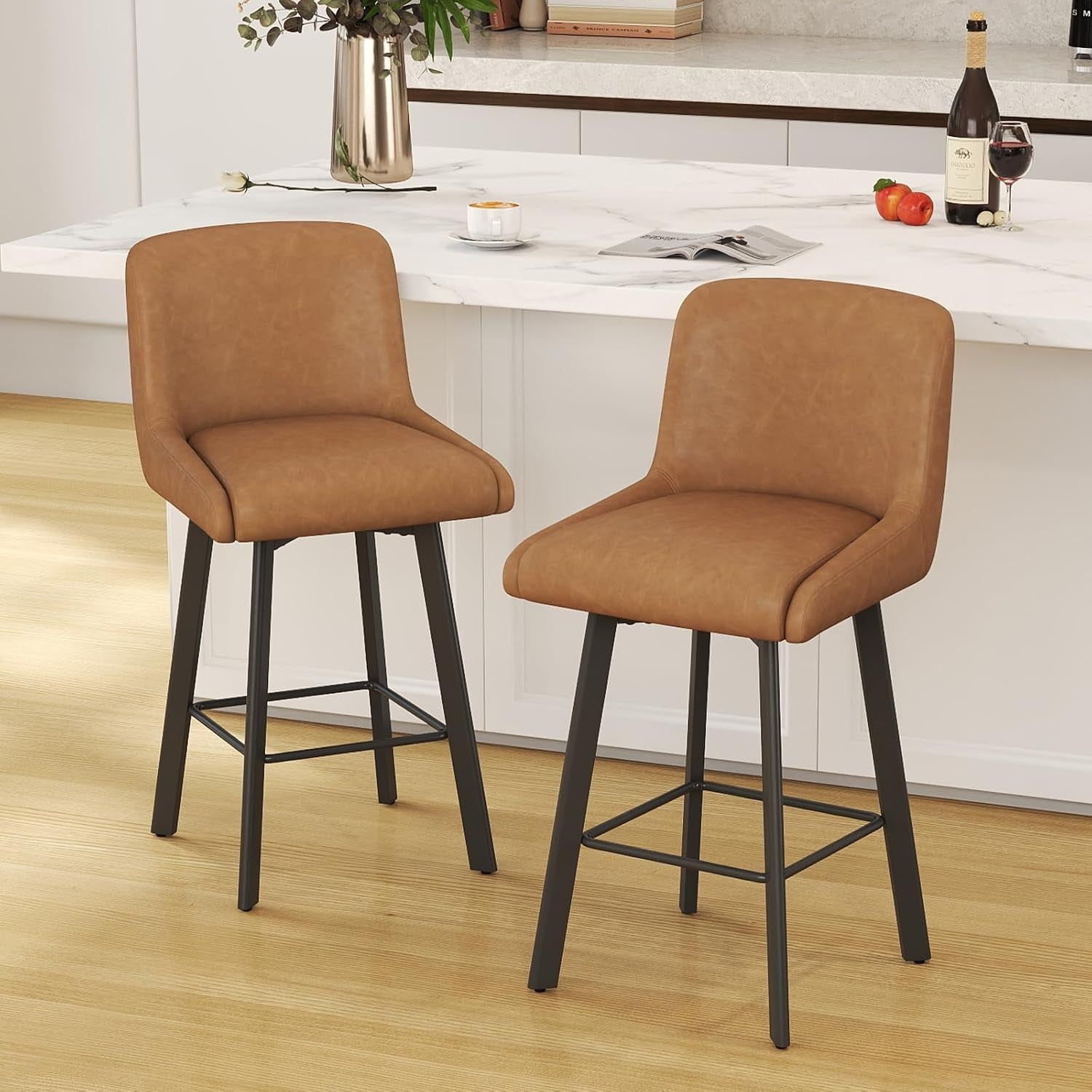 Swivel Counter Height Bar Stools Set of 2, 26&#39;&#39;H Upholstered Barstools with Backs, Modern Bar Stool Chairs for Kitchen Island, Metal Legs, Faux Leather, Whiskey Brown Stools Counter Chair