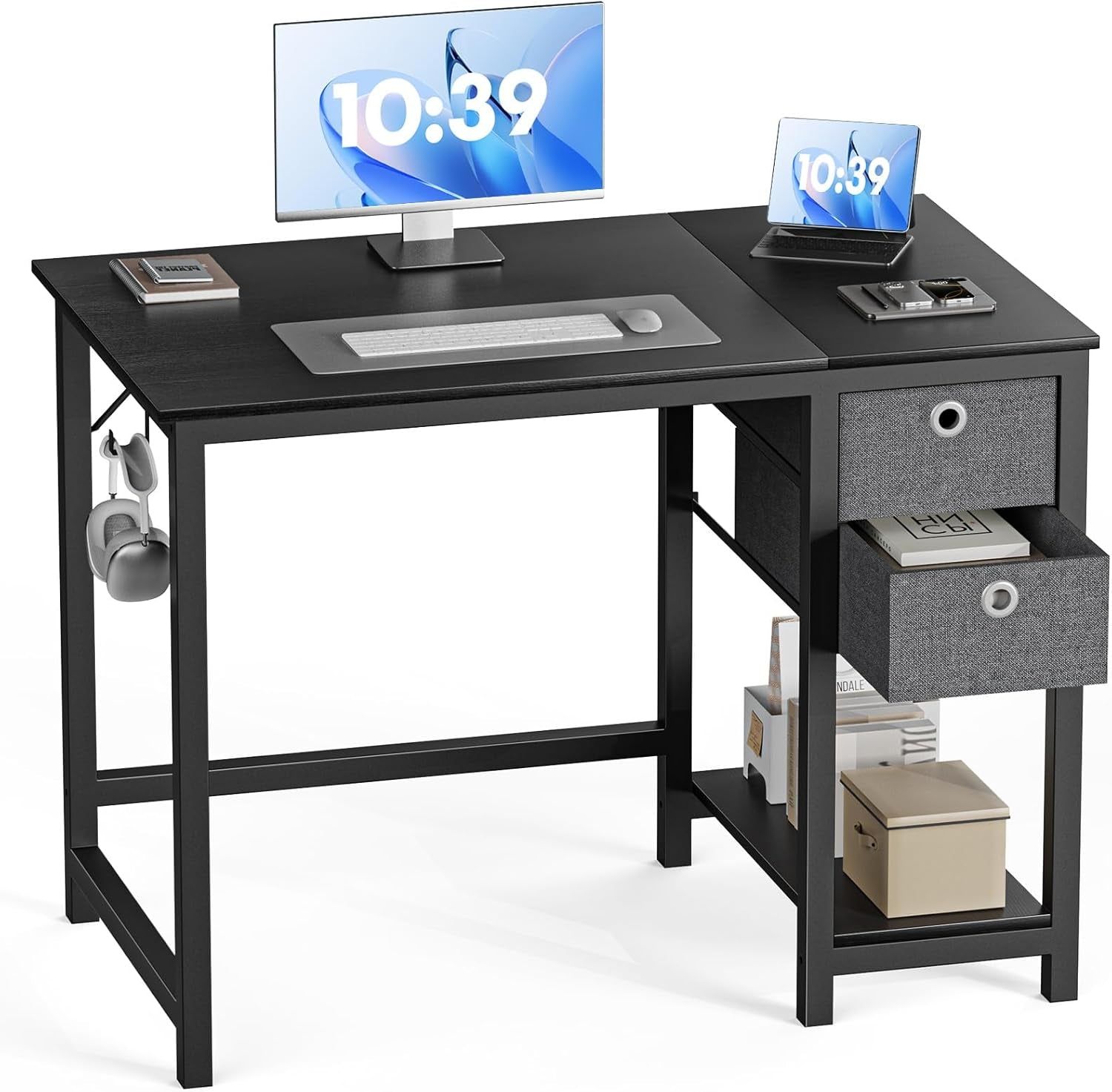 Compact Black Computer Desk with Drawers and Headphone Hook
