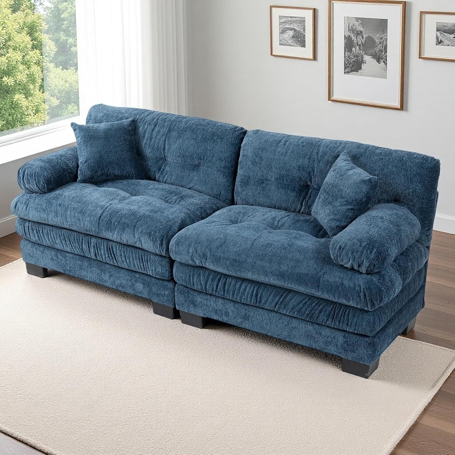 Comfortable Blue Sectional Couch Sofa with Two Pillows