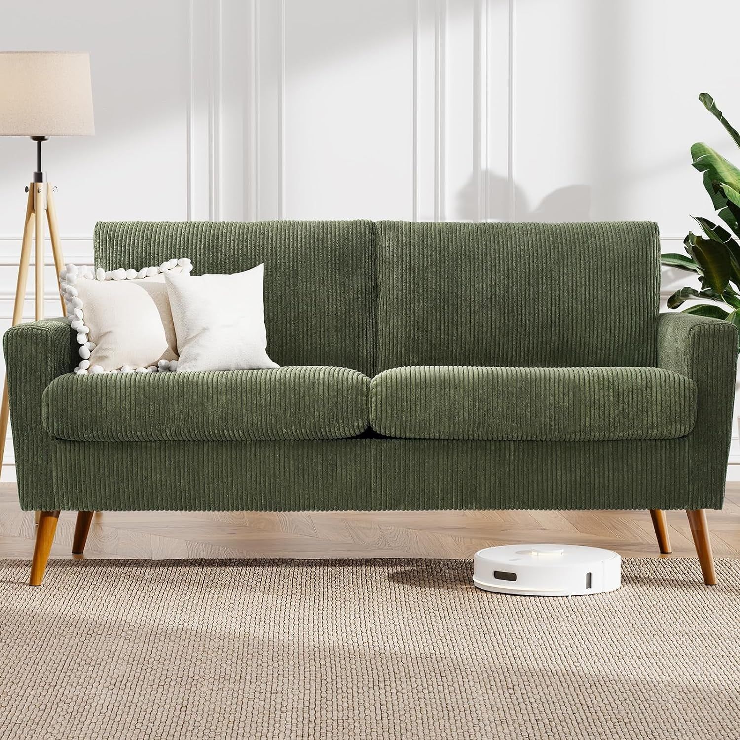 Mid Century Modern Green Corduroy Loveseat Sofa Couch