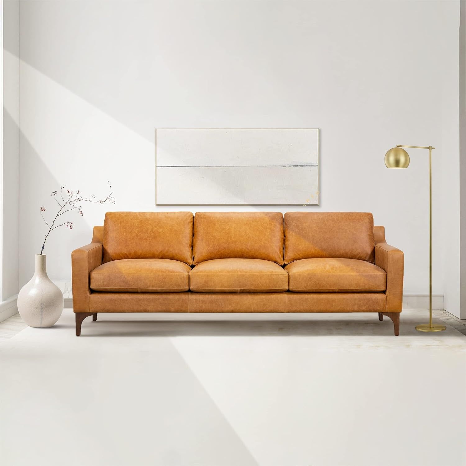 Full-Grain Leather Sofa with Feather Topper for Living Room