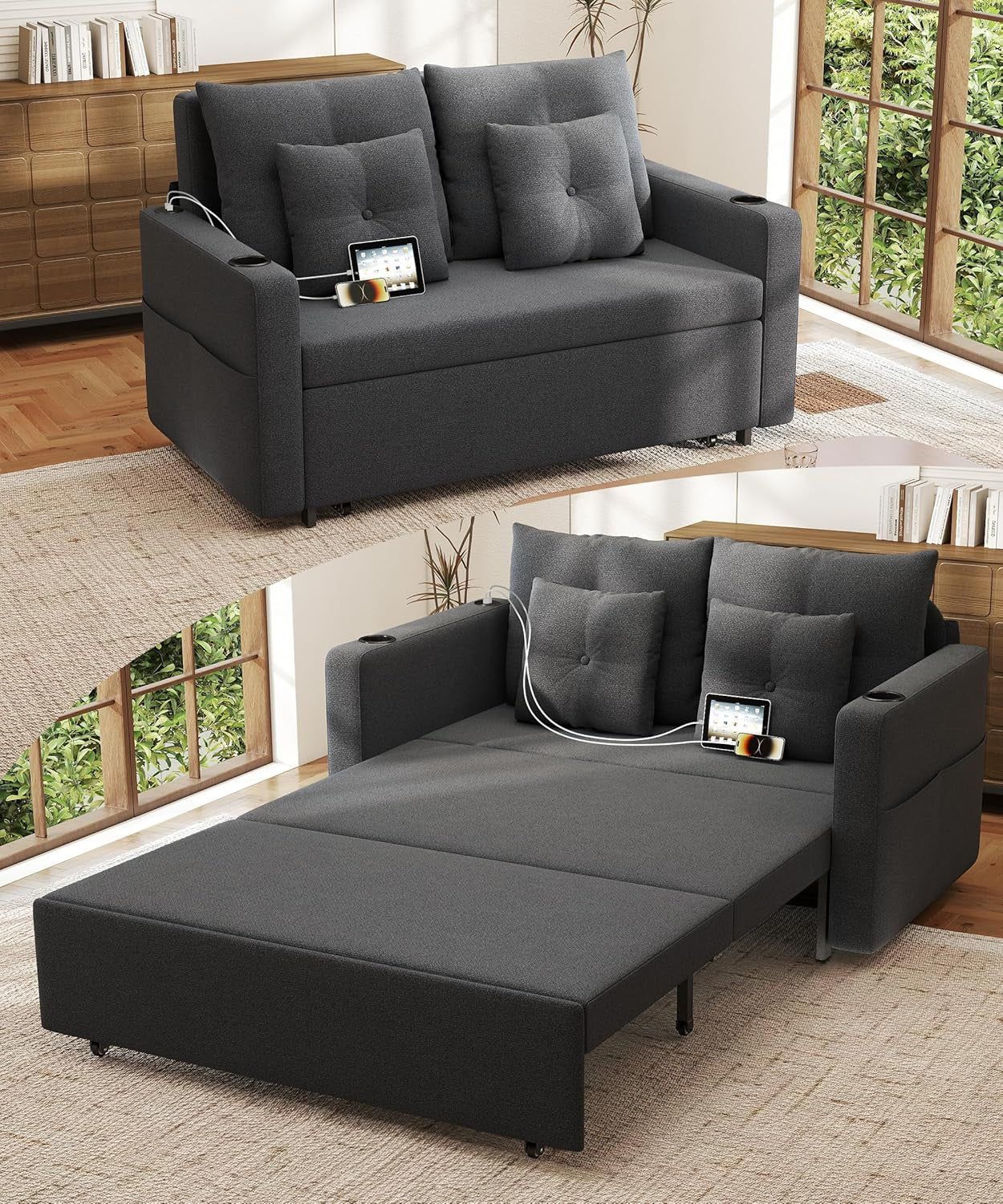 3 In 1 Convertible Sofa Bed With Cup Holders
