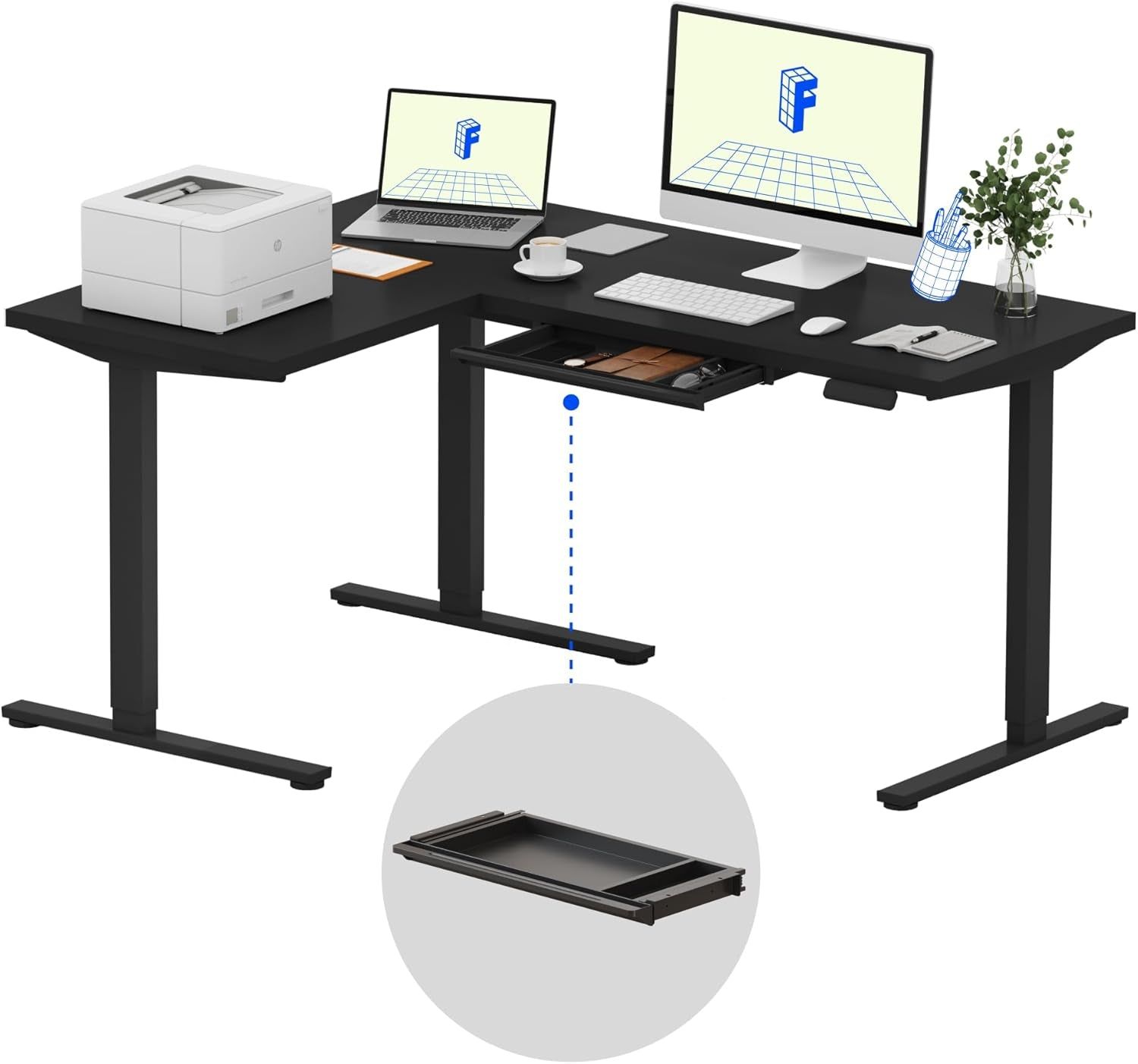 L Shaped Electric Height Adjustable Desk with Drawer