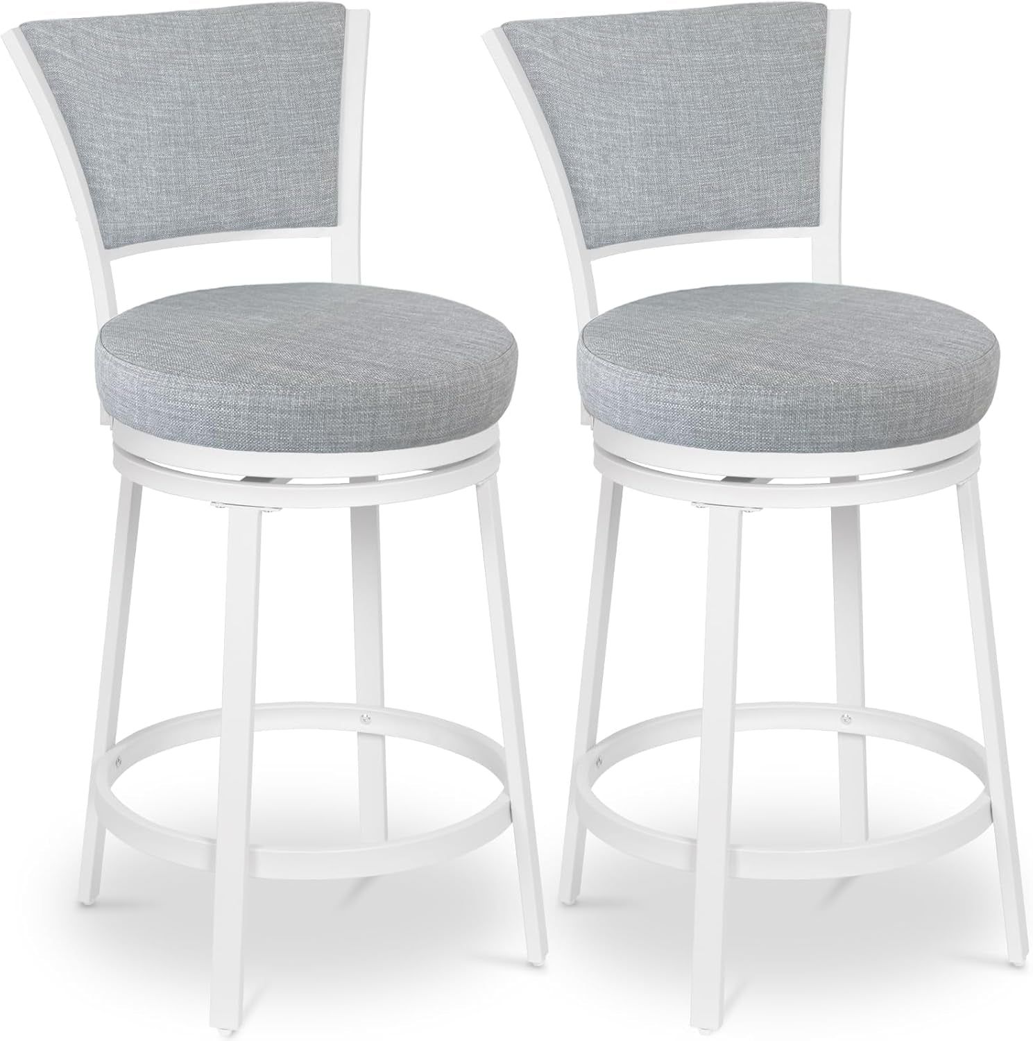Bar Stools Set of 2, 25 Inch Metal Counter Height Bar Chairs, Modern Linen Fabric 360° round Swivel Barstools with Back, Counter Stools for Kitchen Island, Pub, Grey &amp; White