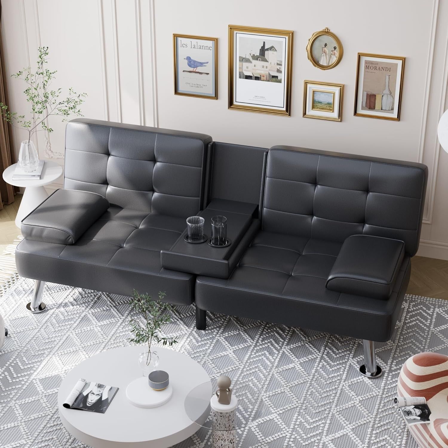 Convertible Futon Sofa Bed with Adjustable Backrest and Cup Holders