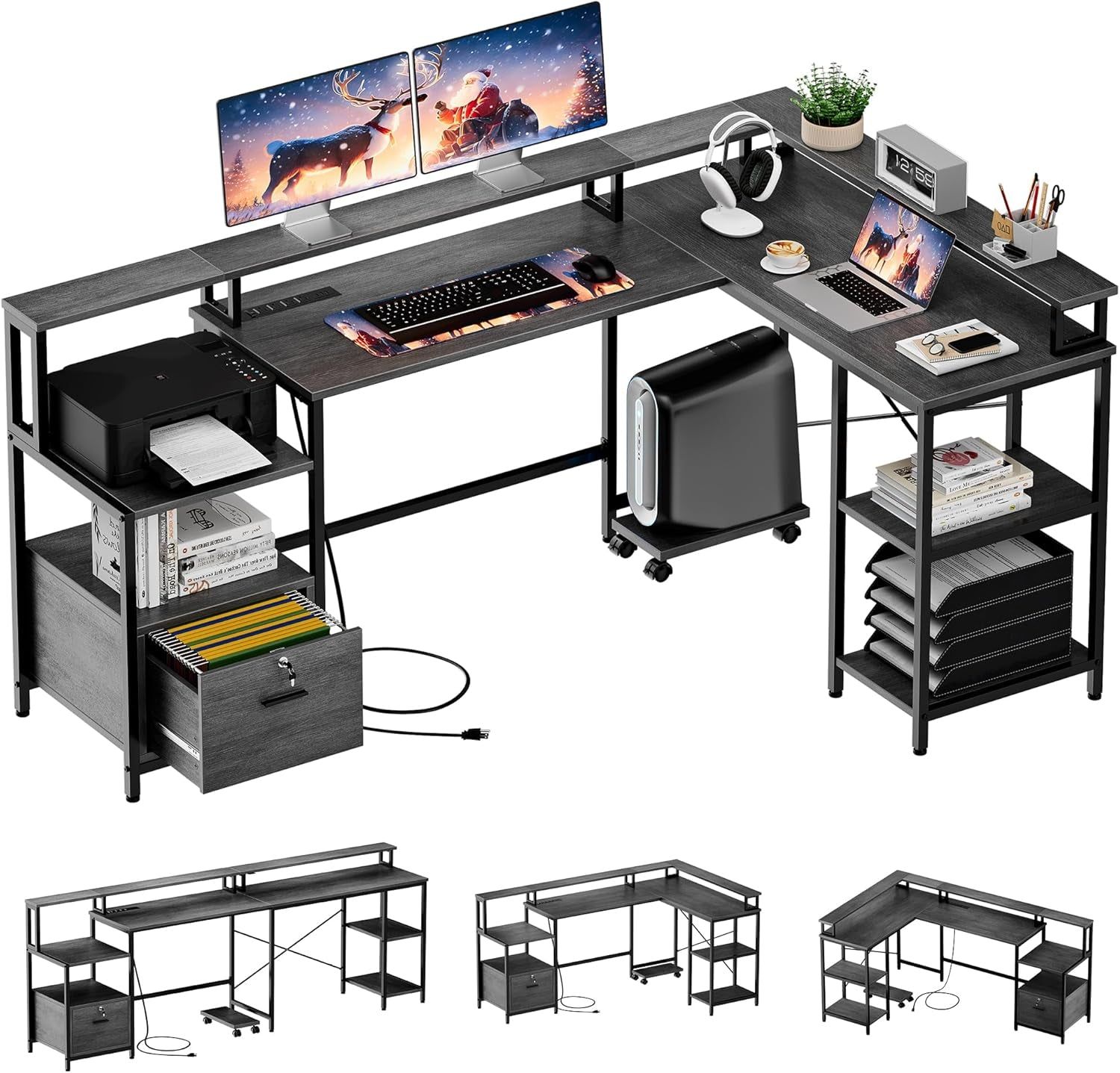 L Shaped Office Desk with Storage and Power Outlet