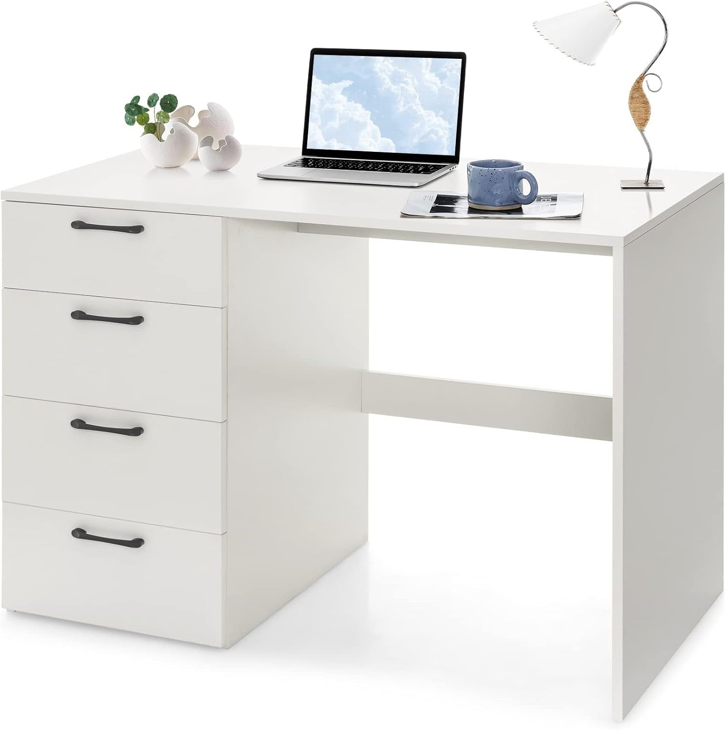 Modern White Computer Desk With Four Spacious Drawers