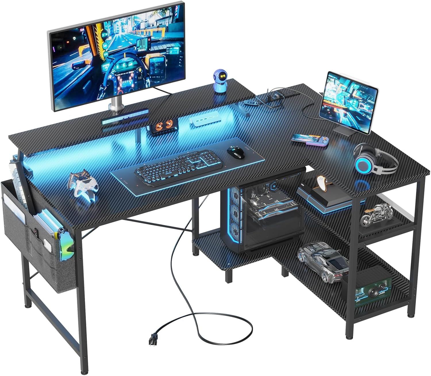 L Shaped Gaming Desk with USB Ports and LED Lights