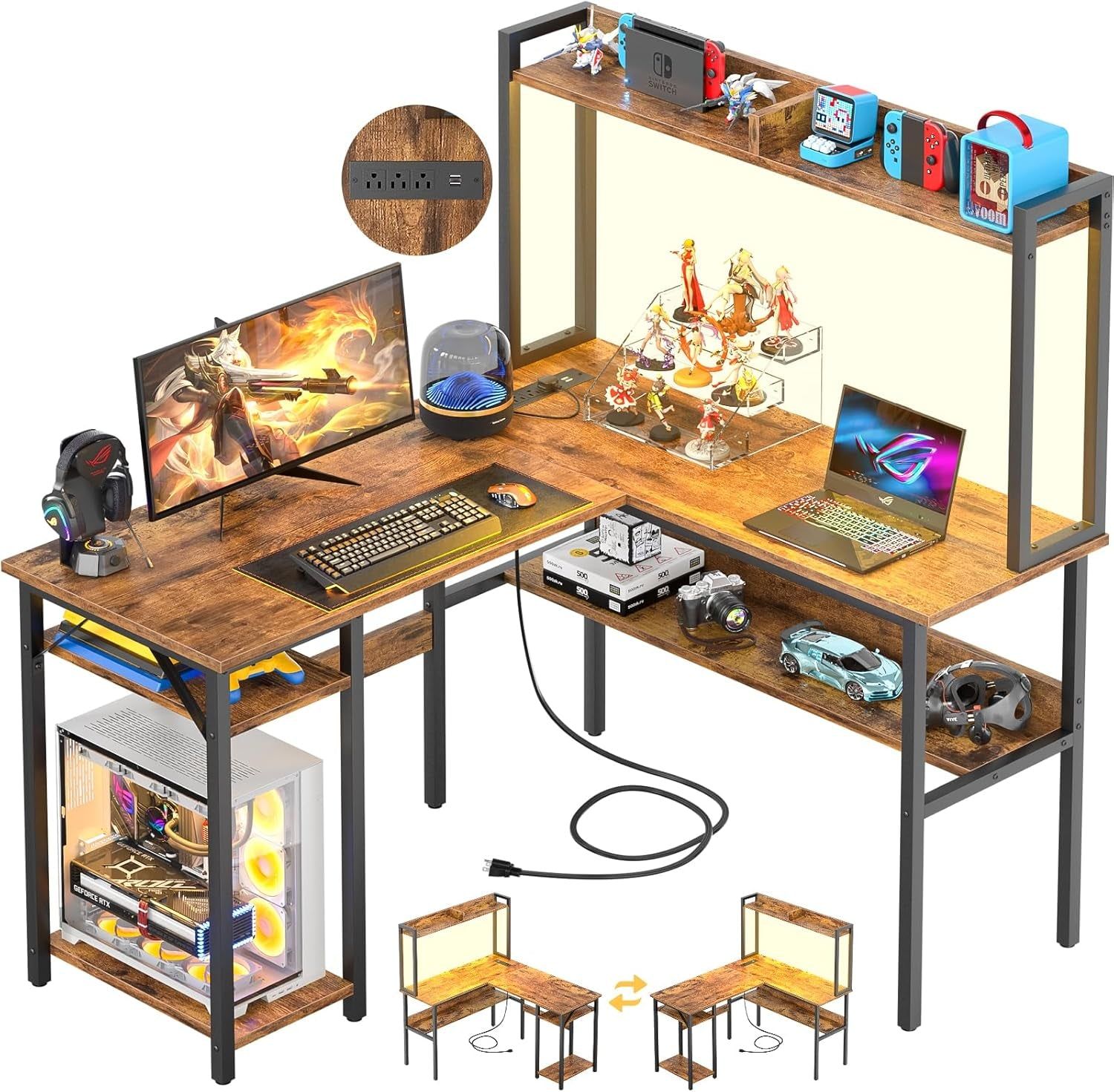 L Shaped Gaming Desk with LED Strip and Power Outlets, Reversible L-Shaped Computer Desk with Storage Shelves, Corner Desk with Hutch, 2 Person Home Office Desk, Rustic Brown