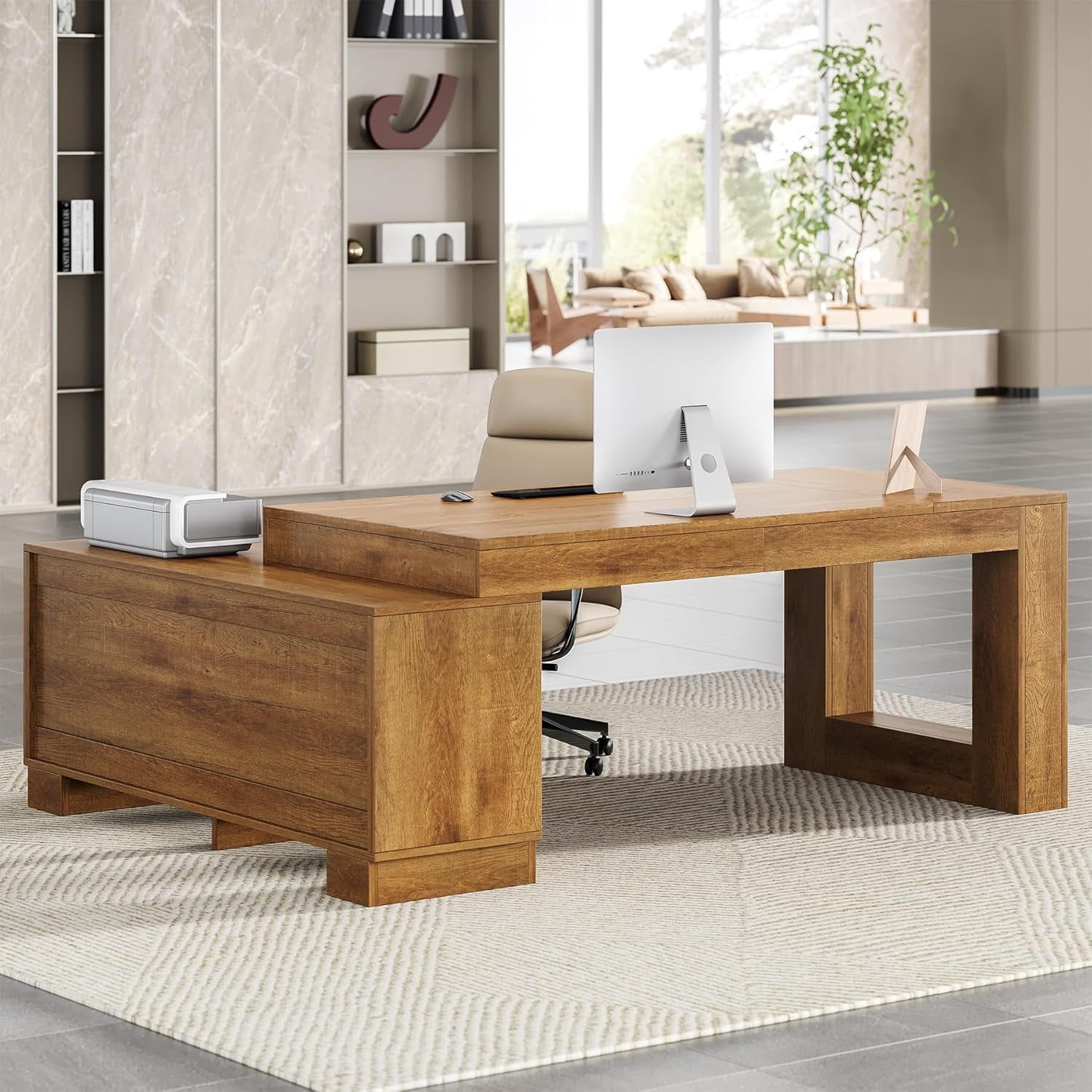 63&quot; L Shaped Executive Desk with Storage, Farmhouse Home Office Desk with 2-Tier Cabinets and Shelves, Large Wooden Computer Table Business Furniture Workstation Set, Brown