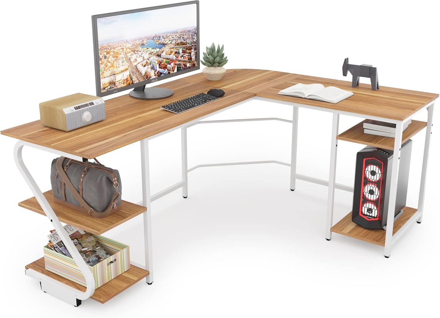 Reversible L Shaped Desk with Adjustable Storage Shelves