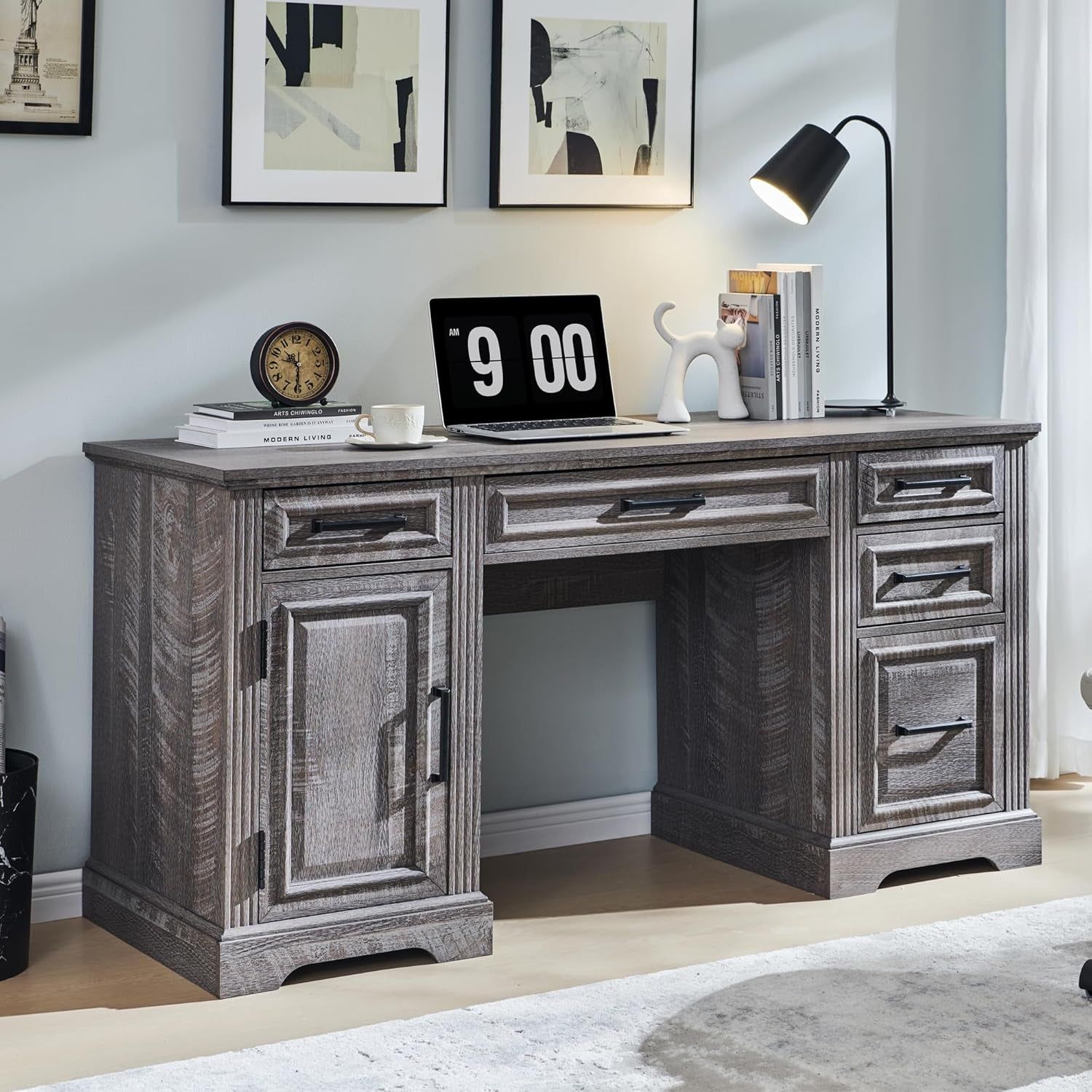 58&quot; Executive Desk, Farmhouse Computer Desk with Drawers and Cabinet, Crafted Texture Home Office Desk, Workspace for Work Study Writing, Weatherworn Grey