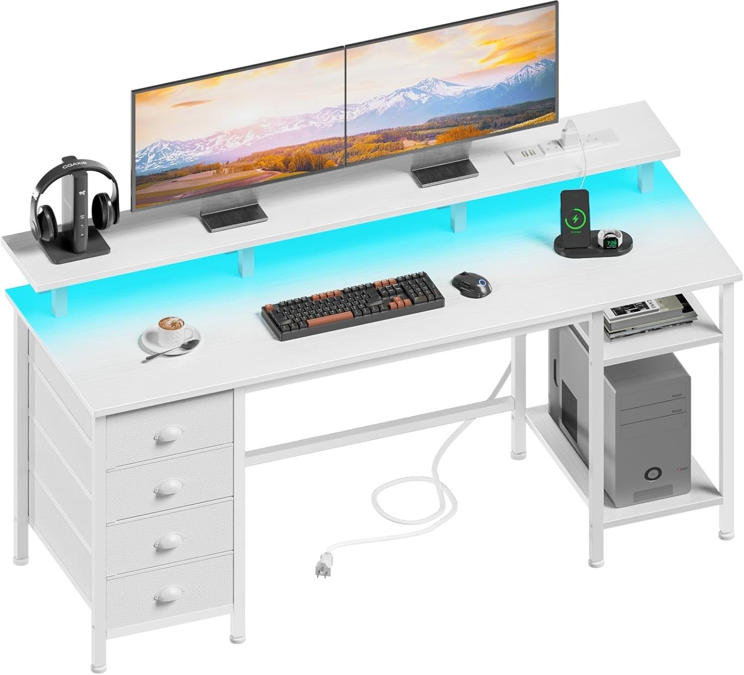 61 Inch Computer Desk with Drawers Power Outlets LED Lights