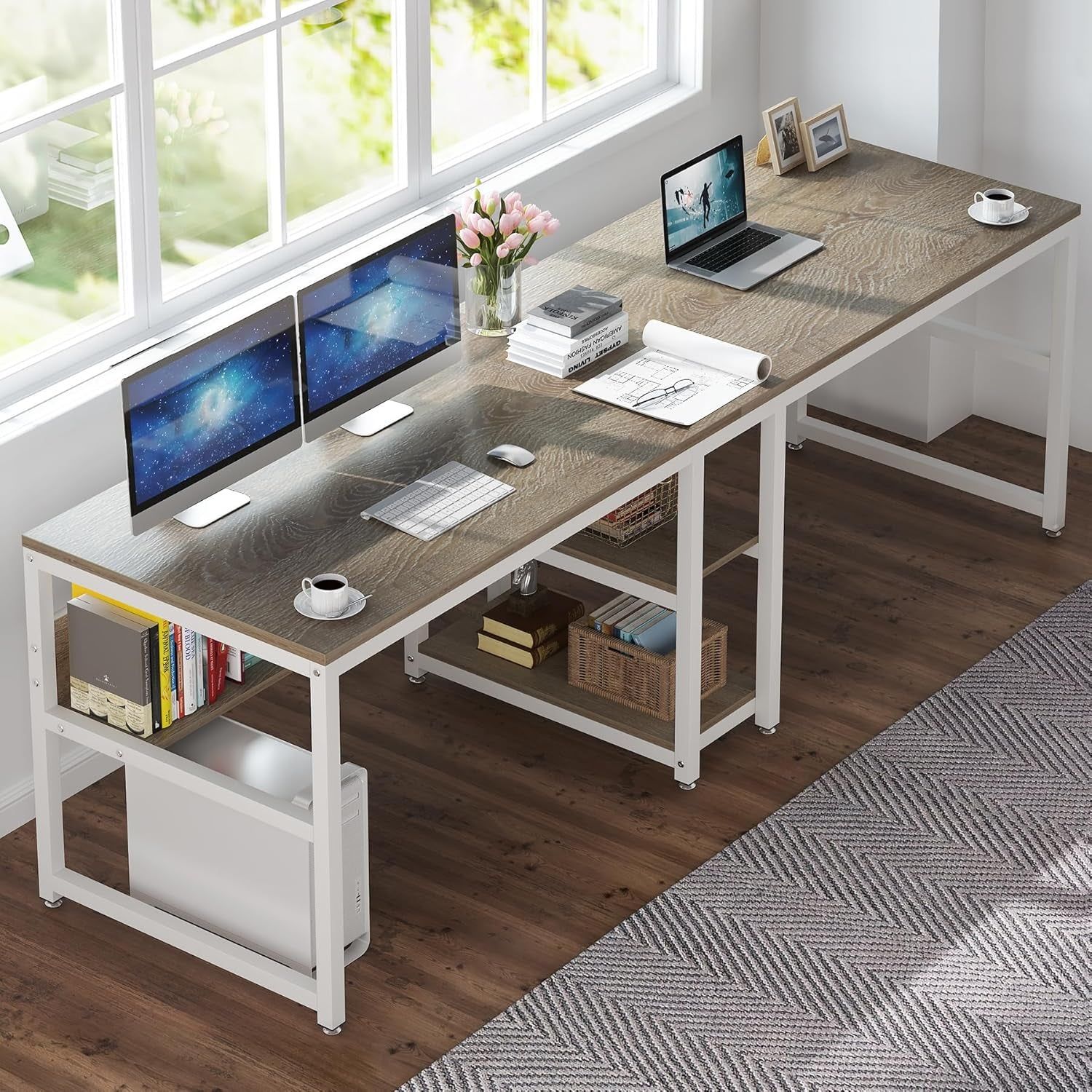 Double Workstation Desk For Two Person With Shelf