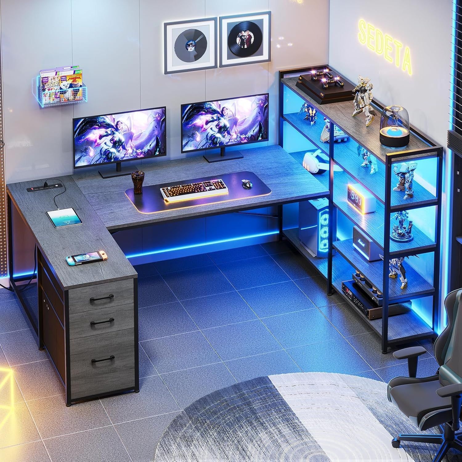 Reversible U Shaped Corner Desk With LED Lights