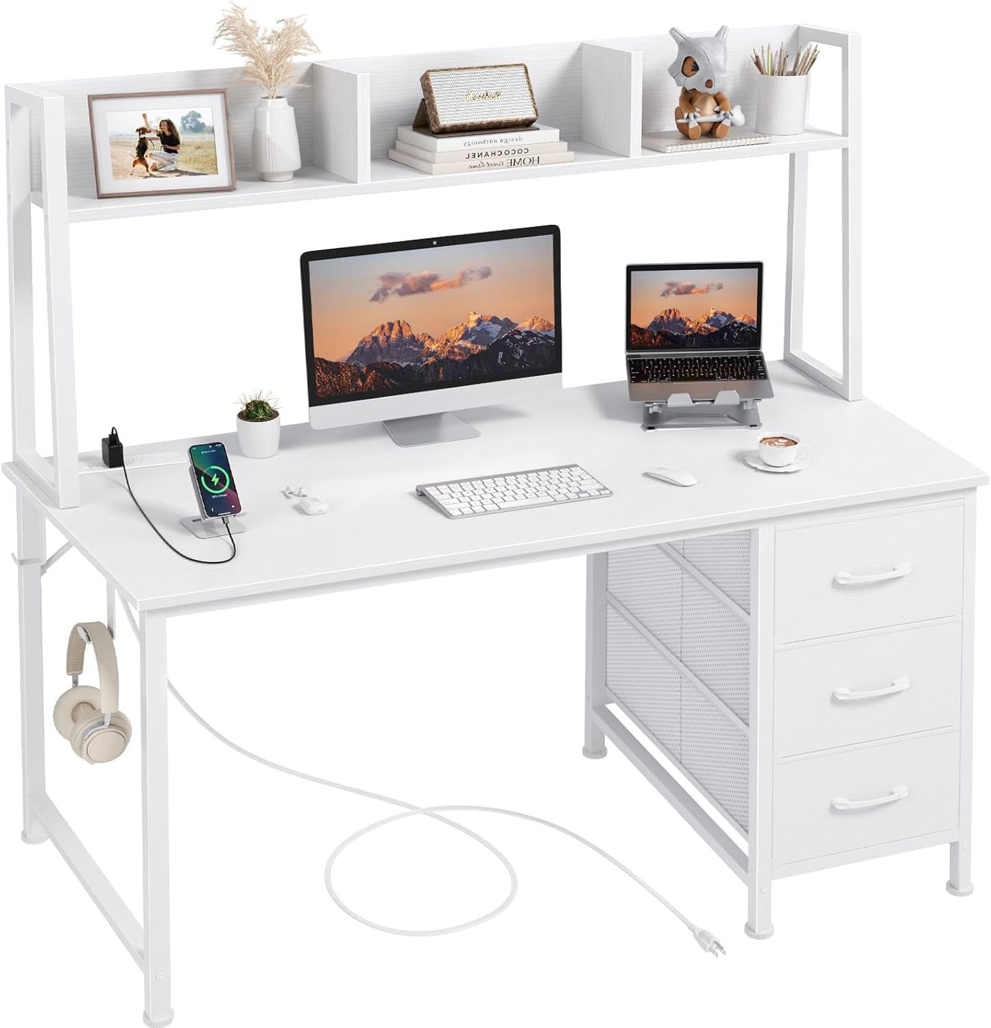 Modern White Computer Desk with Hutch and Drawers