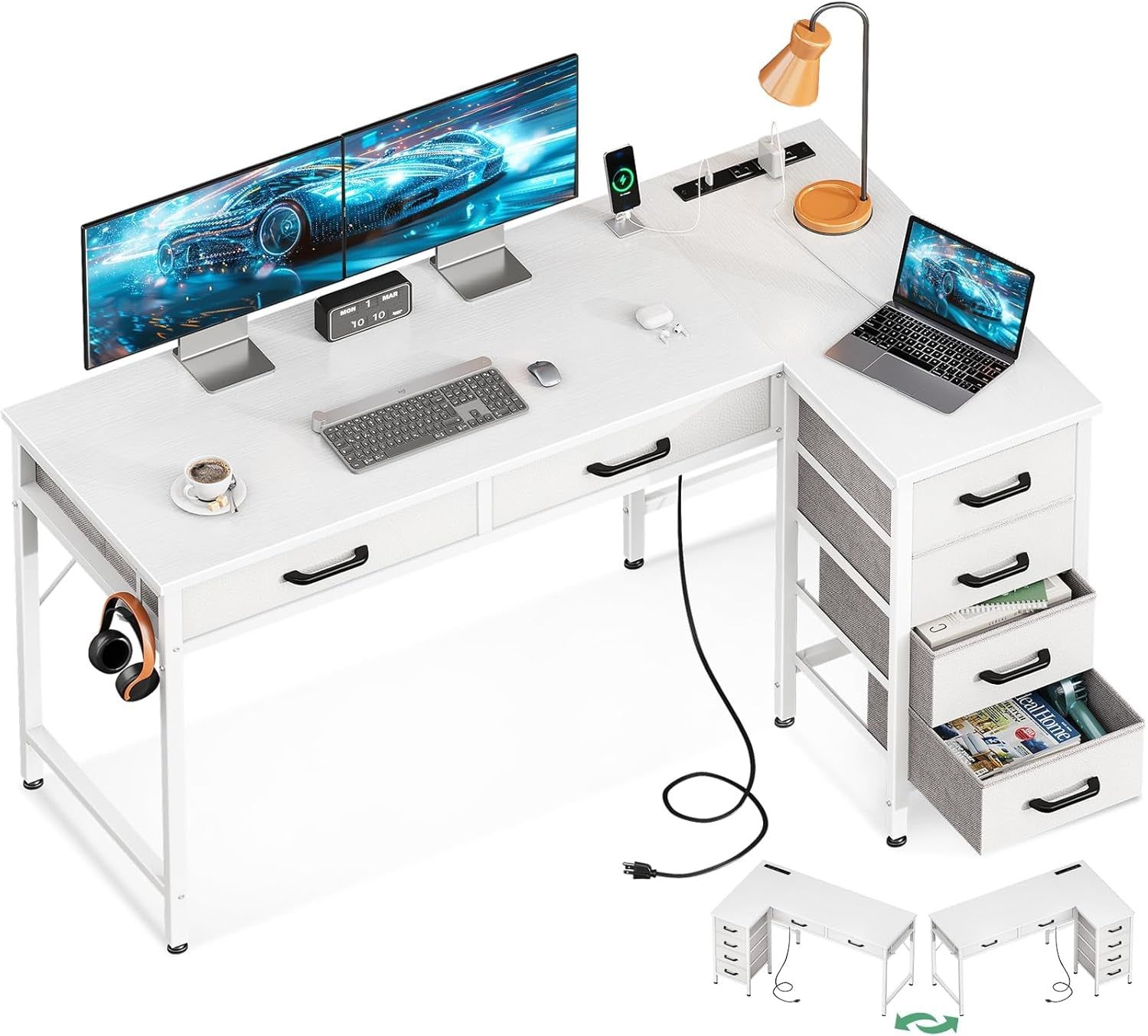 L Shaped Computer Desk with Drawers and Power Outlets