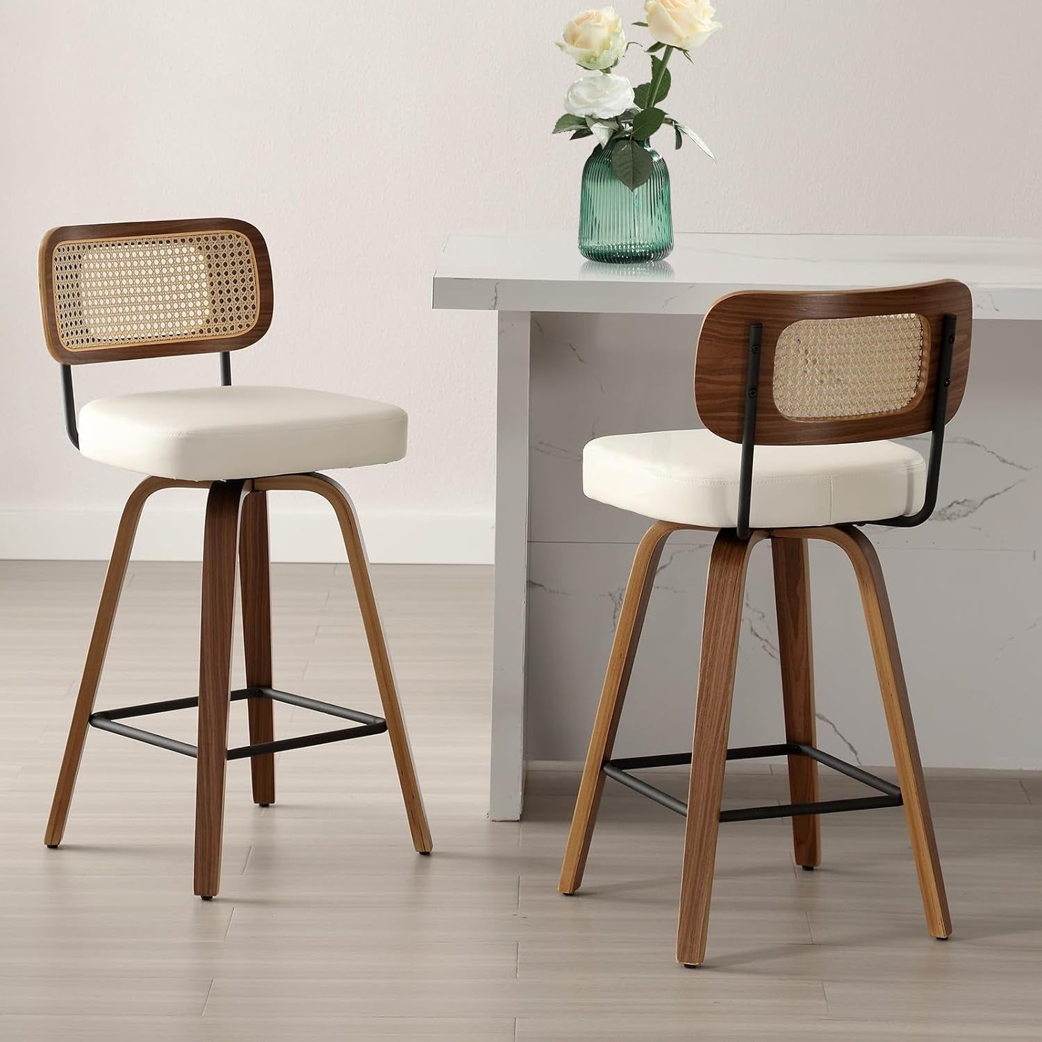 Swivel Counter Height Bar Stools Set of 2, Upholstered Faux Leather Barstools with Rattan Back, 26&quot; Seat Height Bar Chairs for Kitchen Island, Bentwood Wood Frame, Cream White