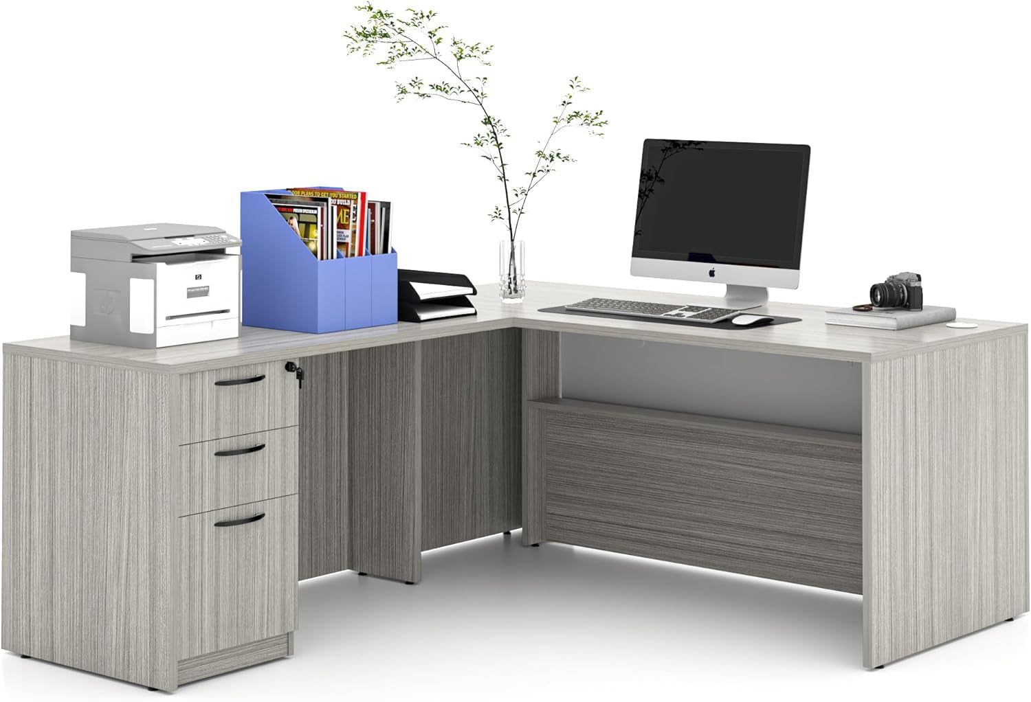 Modern L-Shaped Executive Desk with File Cabinet | Large Corner Home Office Desk for Home or Office Use(76.73&quot; W × 66.93&quot; D)