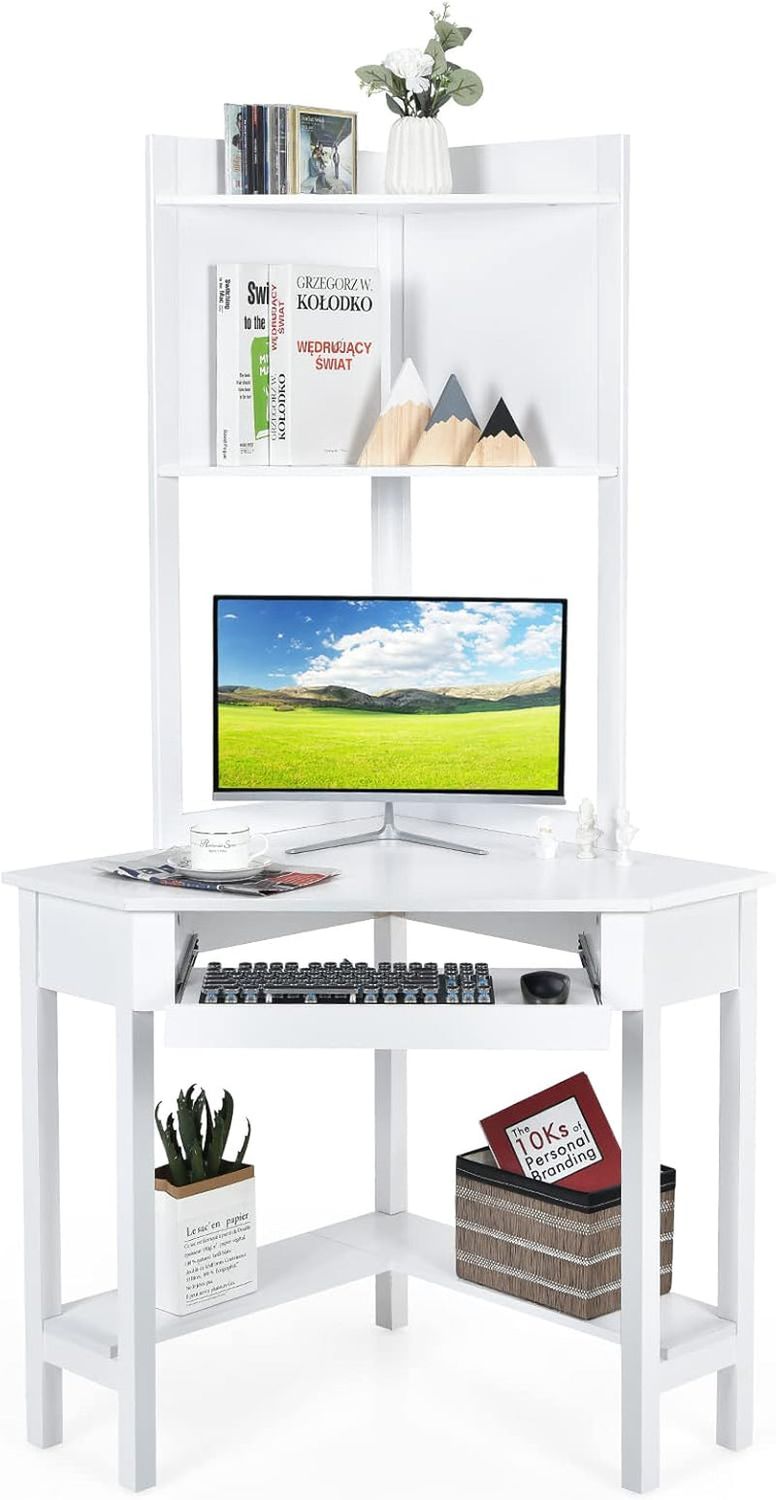 Corner Computer Desk with Hutch, Home Office Desk with Keyboard Tray &amp; Storage Shelves, Triangle Study Writing Desk with Bookshelves, Workstation Desk for Small Space (White)