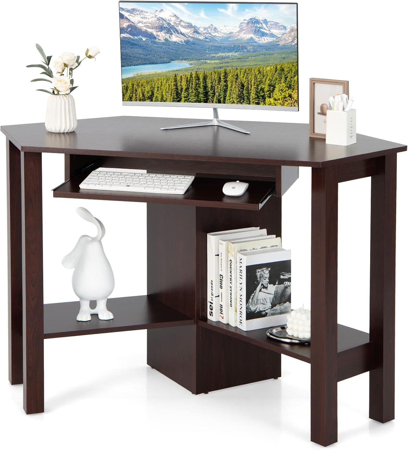 L-Shaped Wood Corner Desk with Storage Drawers and Shelves
