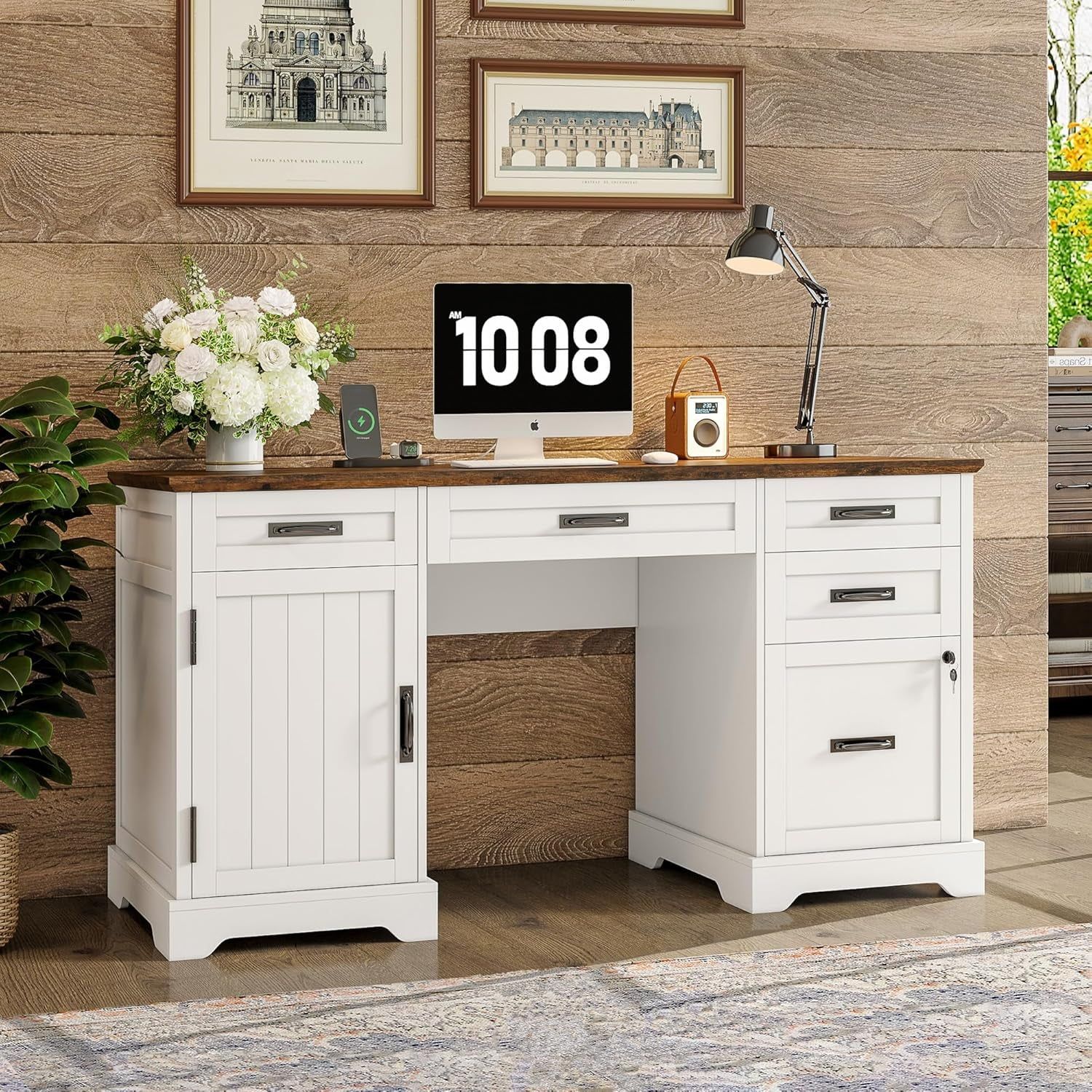 55&#39;&#39; Farmhouse Executive Desk with File Cabinet, Home Office Wood Computer Desk with Drawers and Power Outlets, White