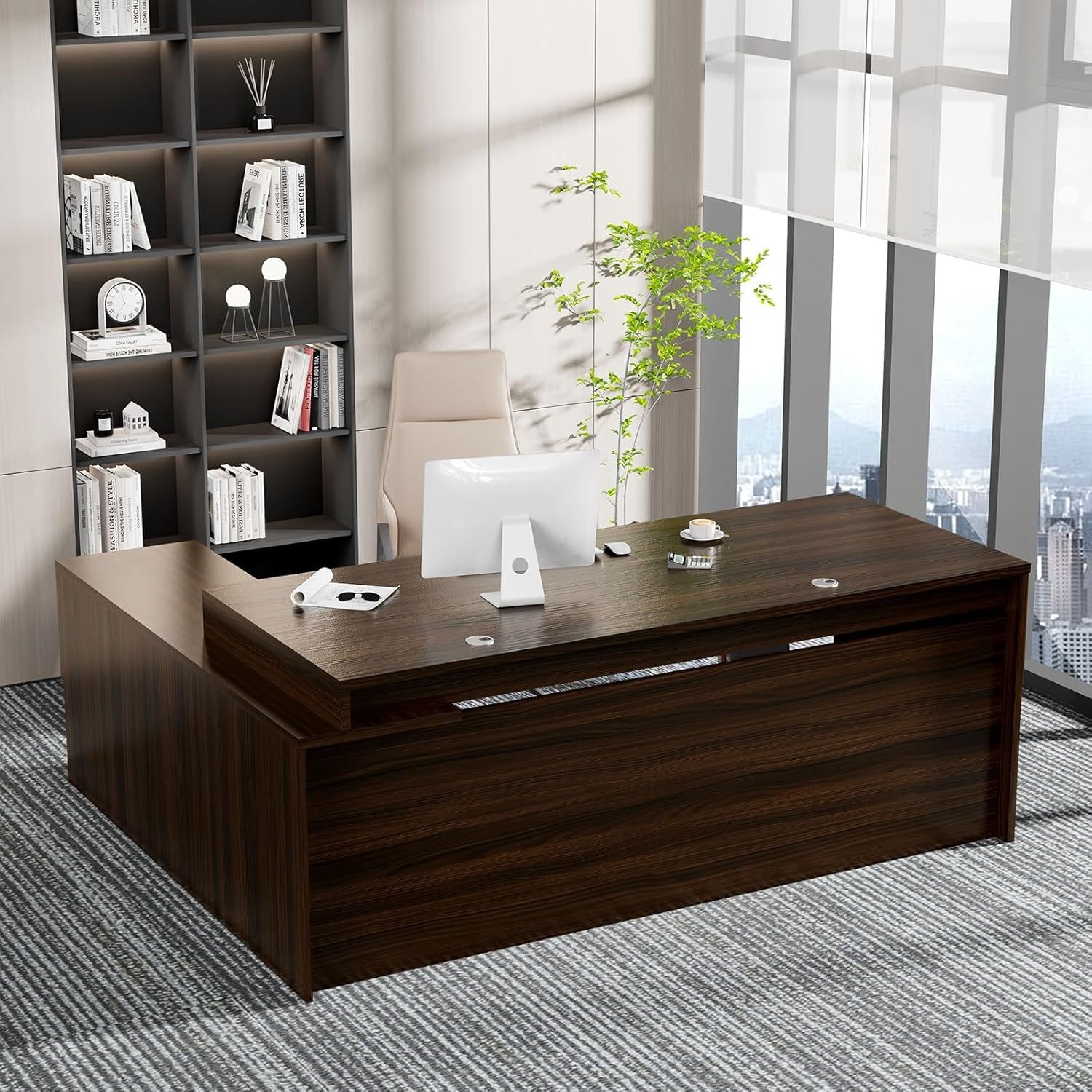 Modern L-Shape Executive Desk with Wood Shelves, Cabinets and Cable Management, Business Furniture Desk Workstation (Golden Oak Right Cabinet, 78.7&quot; L*31.5&quot; W*29.5&quot; H)