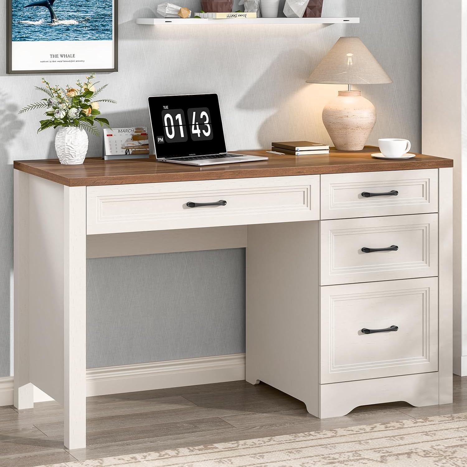 Farmhouse Executive Desk with Storage and Ample File Drawer, Rustic Large Home Writing Desk for Bedroom, White